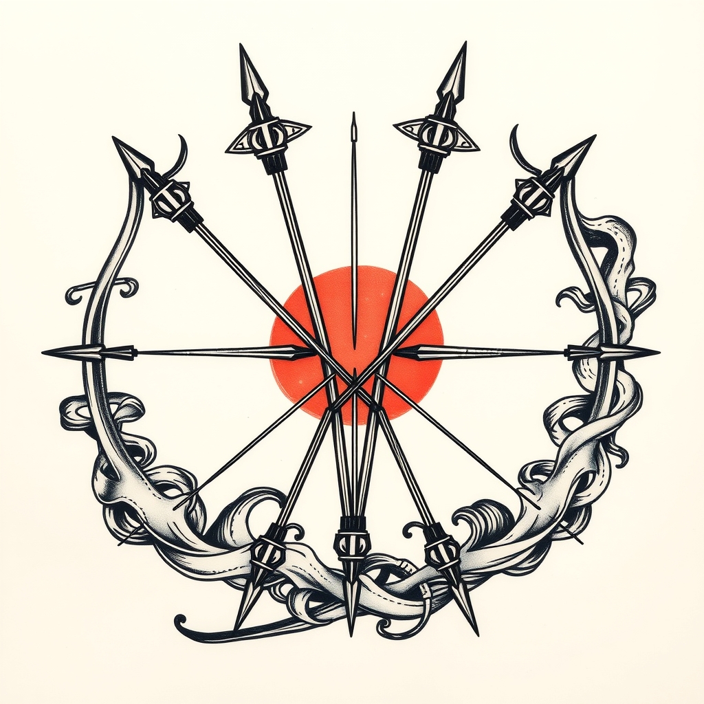 A tattoo design of three interlocking longbows spiraling from a center ppint in the style of japanese. - archery tattoo design generated by AI tattoo generator