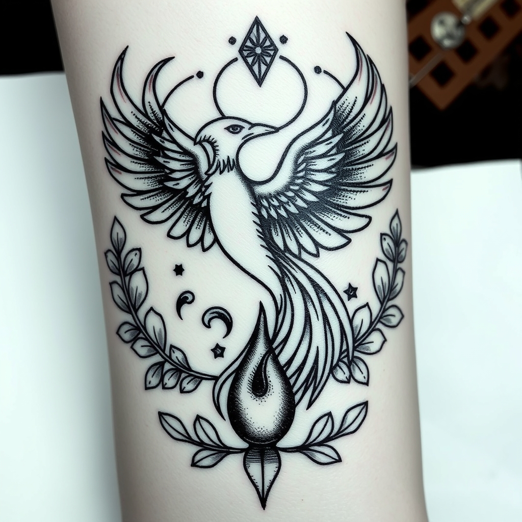 A tattoo design of Bracelet tattoo that incorporates Phoenix, water element, and Garland in the style of blackwork. - mythical creature design tattoo design generated by AI tattoo generator