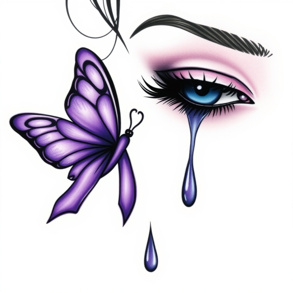 A tattoo design of A tear running down a woman's face with a domestic violence ribbon and a purple butterfly entwined together in the style of minimalist. - domestic violence awareness tattoo design generated by AI tattoo generator