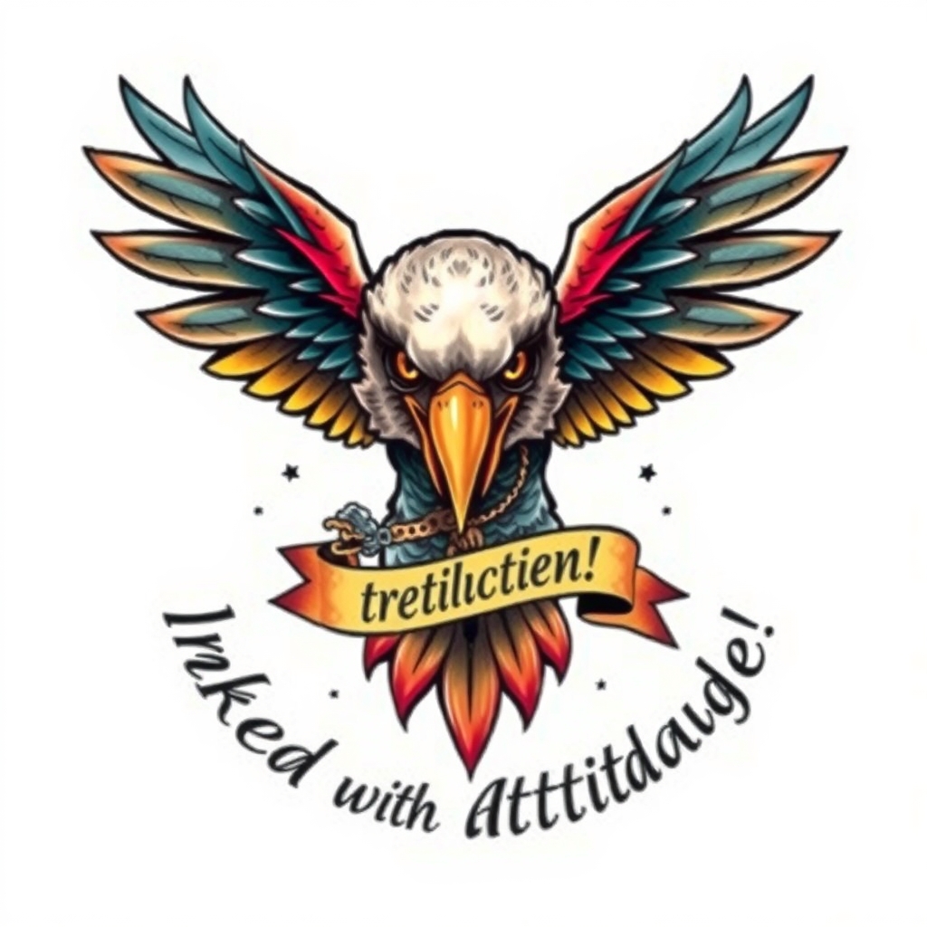 A tattoo design of create an image of a wicked colorful eagle with the phrase "Inked with Attitude!" included in a traditional sailor jerry tattoo style in the style of traditional. - eagle tattoo tattoo design generated by AI tattoo generator