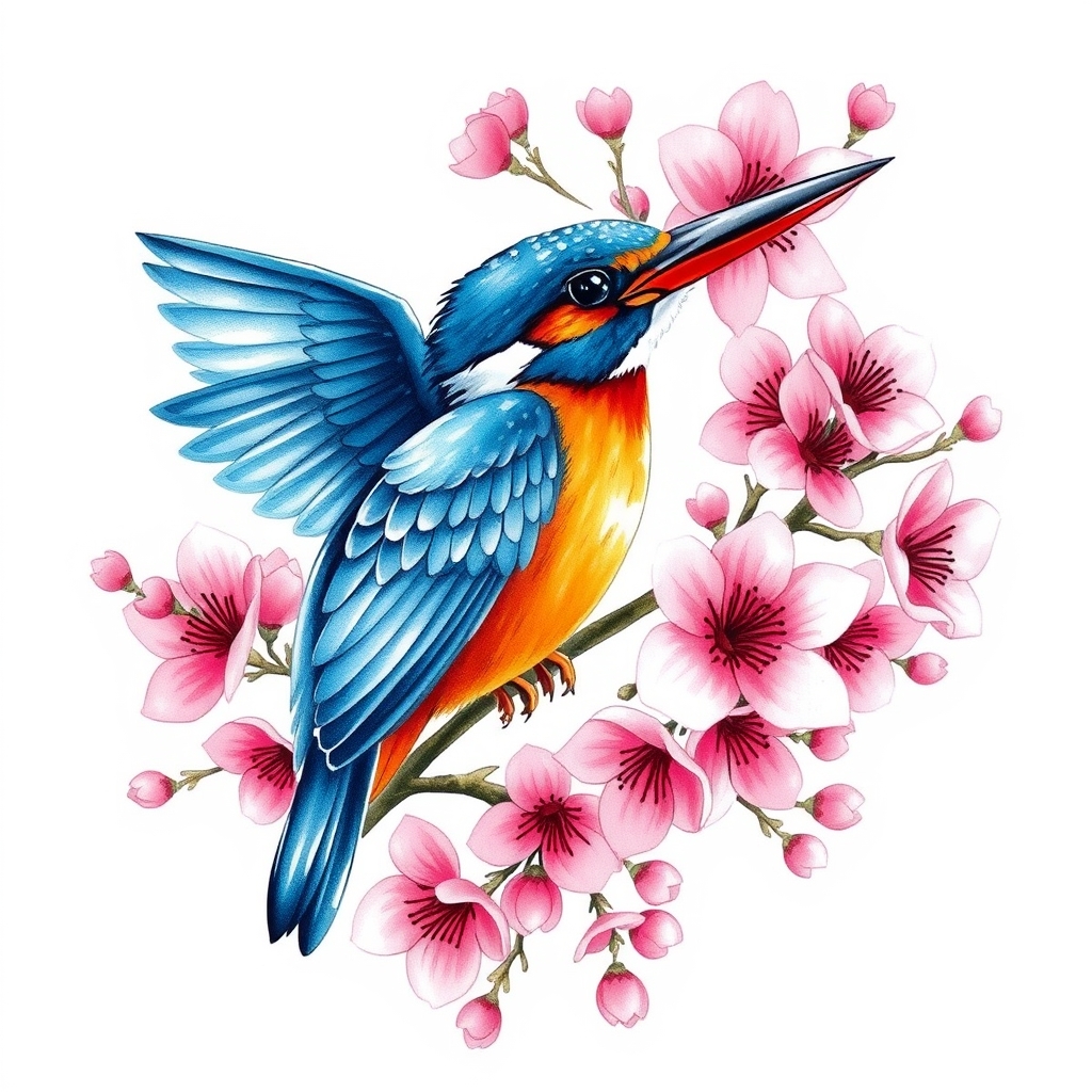 A tattoo design of Flying blue and orange kingfisher suroounded by large quantity of pink cherry blossoms in the style of watercolor. - birds and flowers tattoo design generated by AI tattoo generator