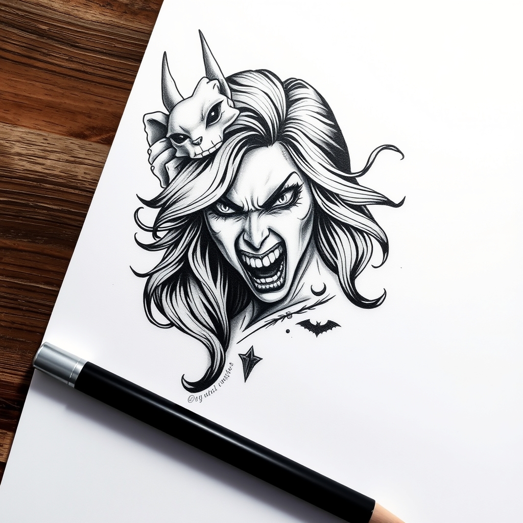 A tattoo design of b/w angry mistress on white paper in the style of realistic. - female portrait tattoo design generated by AI tattoo generator