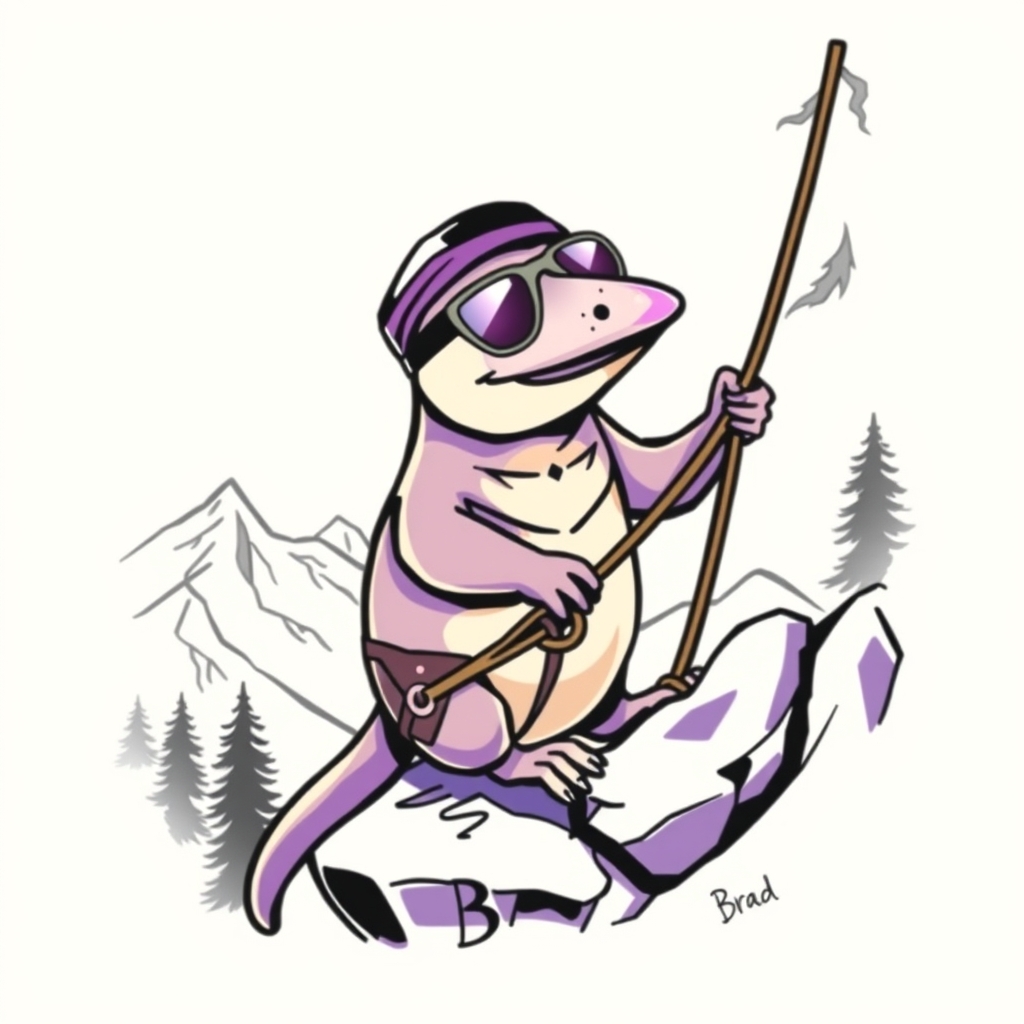 A tattoo design of A platypus who wears a backwards hat and sunglasses, loves the color purple, and is rock climbing with a rope and harness on a mountain with trees in the background. His name is Brad and he is goofy. in the style of geometric. - animal wildlife tattoo design generated by AI tattoo generator