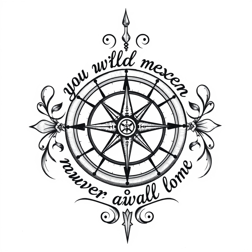 A tattoo design of Compass, with the phrase; you will never walk alone, ornamental in the style of realistic. - nautical symbol tattoo design generated by AI tattoo generator