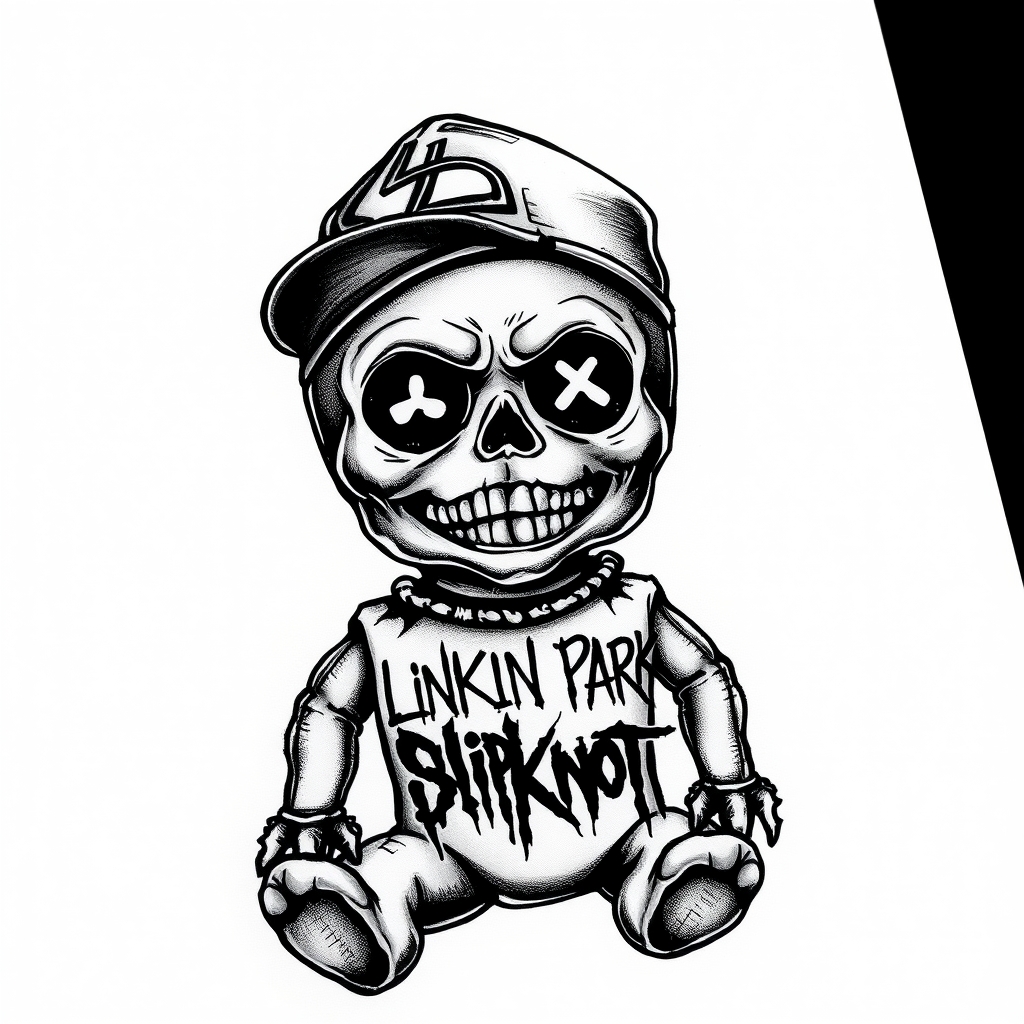 A tattoo design of voodoo doll with linkin park logo written on and Slipknot logo and a limp bizkit cap on its head in the style of blackwork. - music symbols tattoo design generated by AI tattoo generator