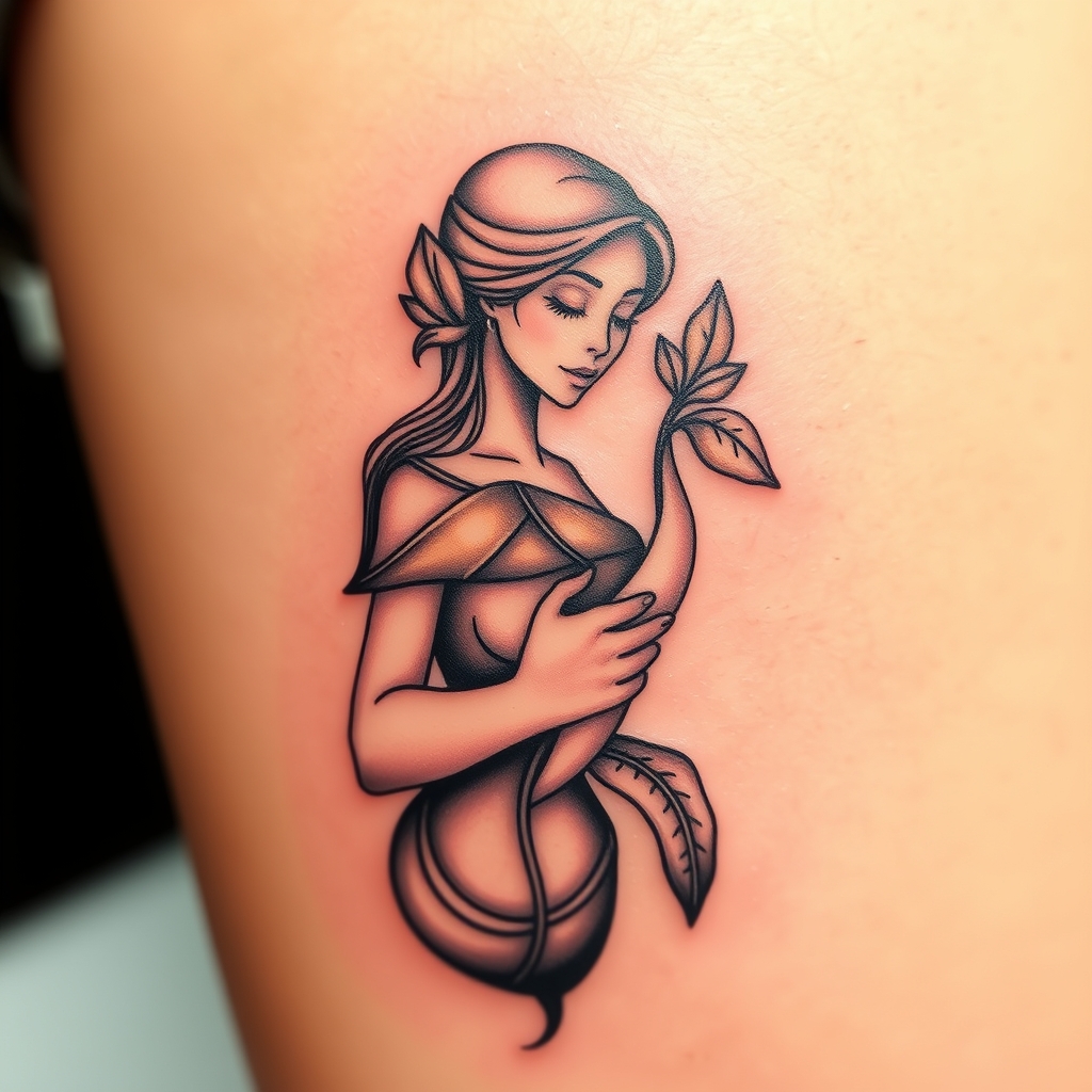A tattoo design of Woman carrying a sprouting seed in the style of realistic. - nature tattoo design generated by AI tattoo generator