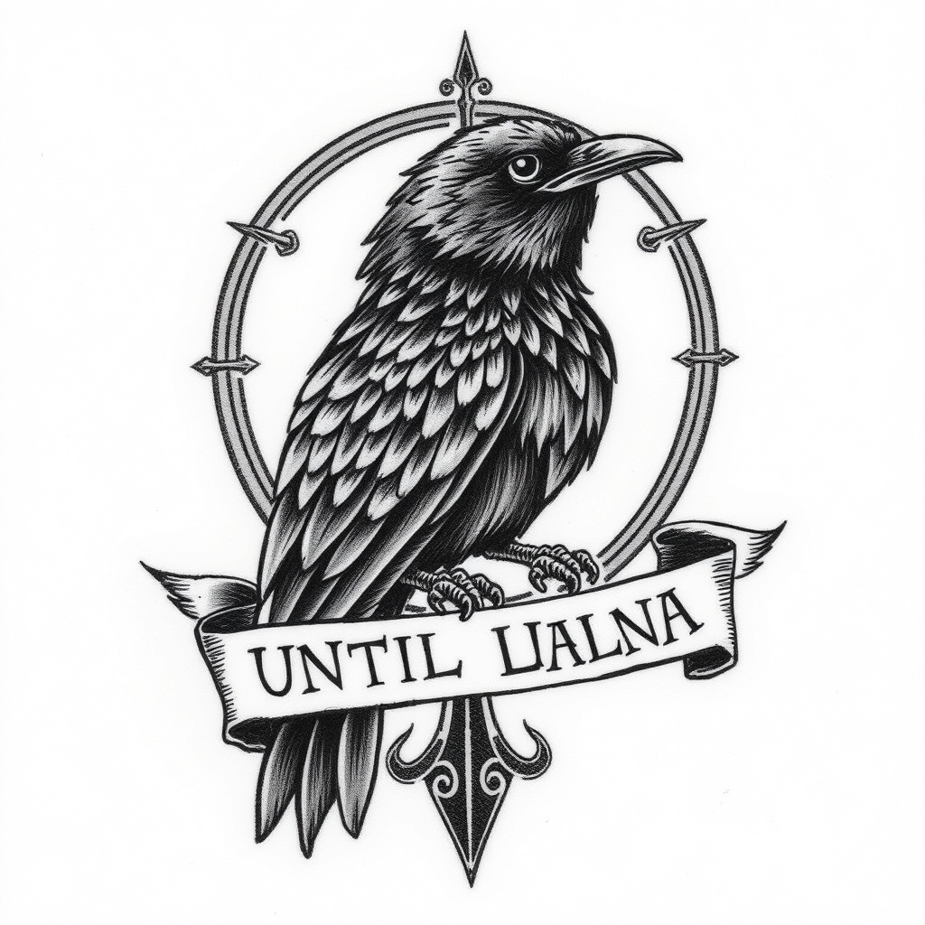 A tattoo design of Raven pow mia with a rune banner that says until Valhalla in runic in the style of realistic. - mythology raven tattoo design generated by AI tattoo generator