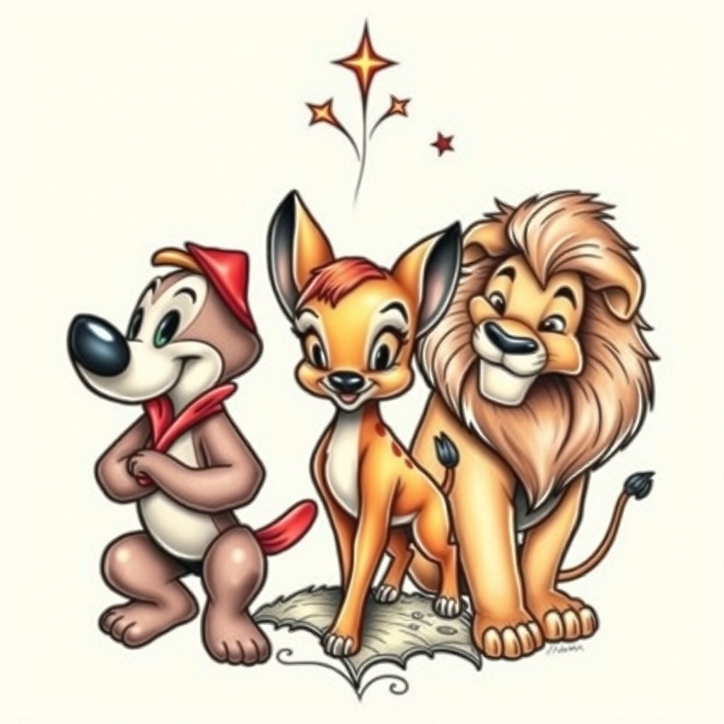 A tattoo design of Disney characters dumbo bambi the lion king in the style of surrealistic. - disney characters tattoo design generated by AI tattoo generator