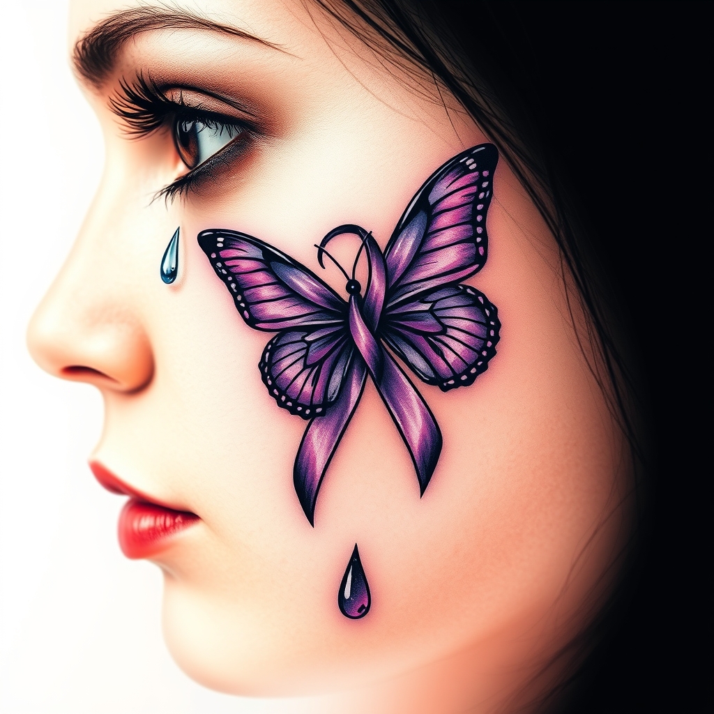 A tattoo design of A tear running down a woman's face with a domestic violence ribbon and a purple butterfly entwined together in the style of surrealistic. - domestic violence awareness tattoo design generated by AI tattoo generator