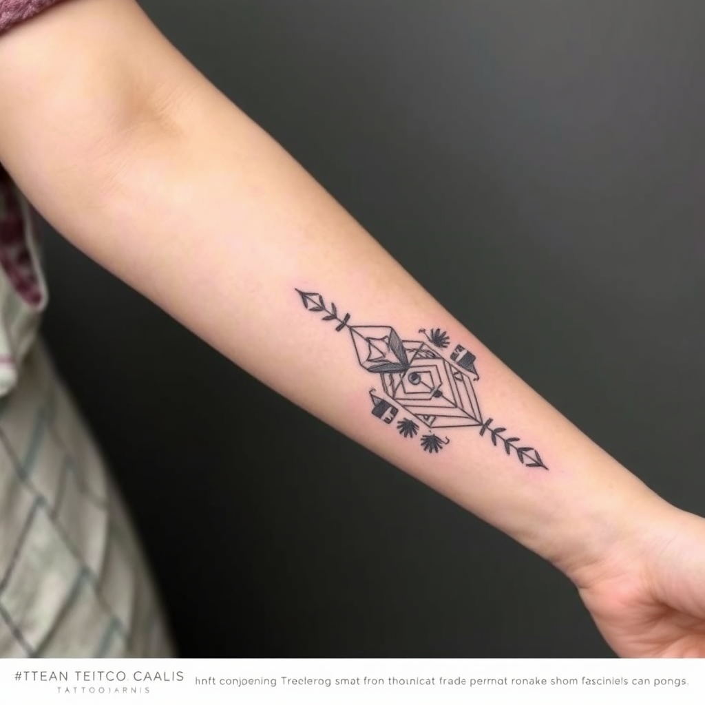 A tattoo design of Small dainty Feminine peruvian culture tattoo for forearm in the style of geometric. - cultural symbol tattoo design generated by AI tattoo generator