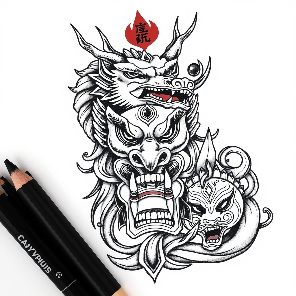 A tattoo design of Libra goddness, dragon head and oni mask in the style of traditional. - mythological figures tattoo design generated by AI tattoo generator
