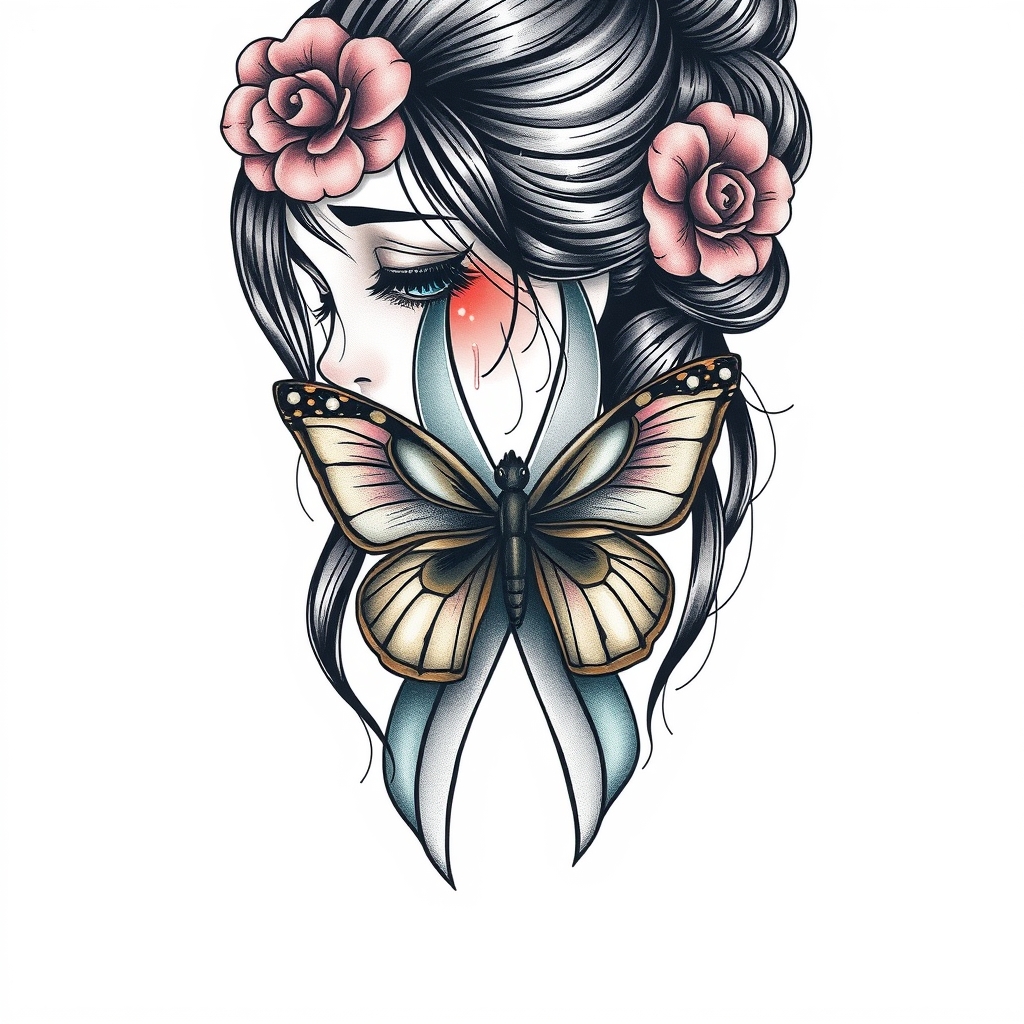 A tattoo design of A woman crying with the domestic awareness ribbon with a butterfly entwined together in the style of japanese. - domestic awareness tattoo design generated by AI tattoo generator