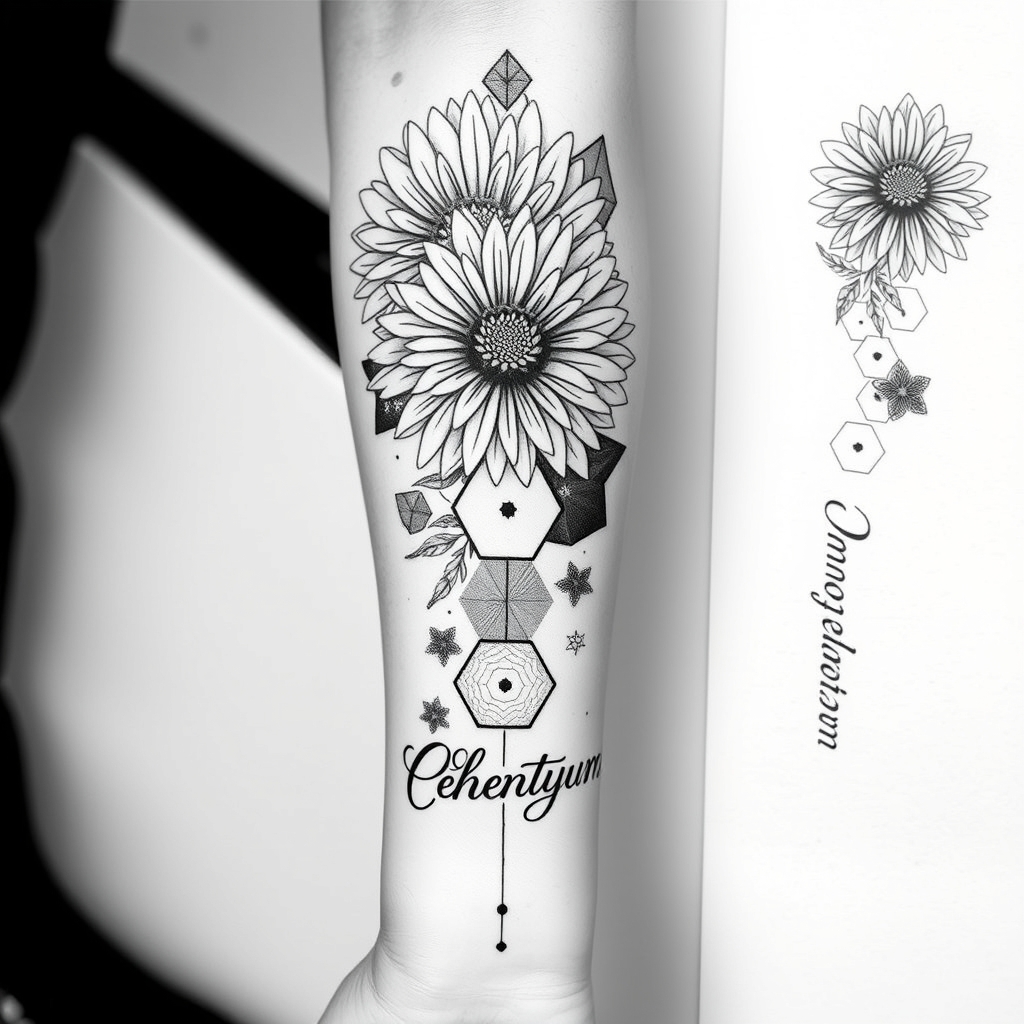 A tattoo design of Black and white from elbow to hand, blooming Chrysanthemums, hexagons, the word Chrysanthemum down forearm in the style of geometric. - floral pattern tattoo design generated by AI tattoo generator