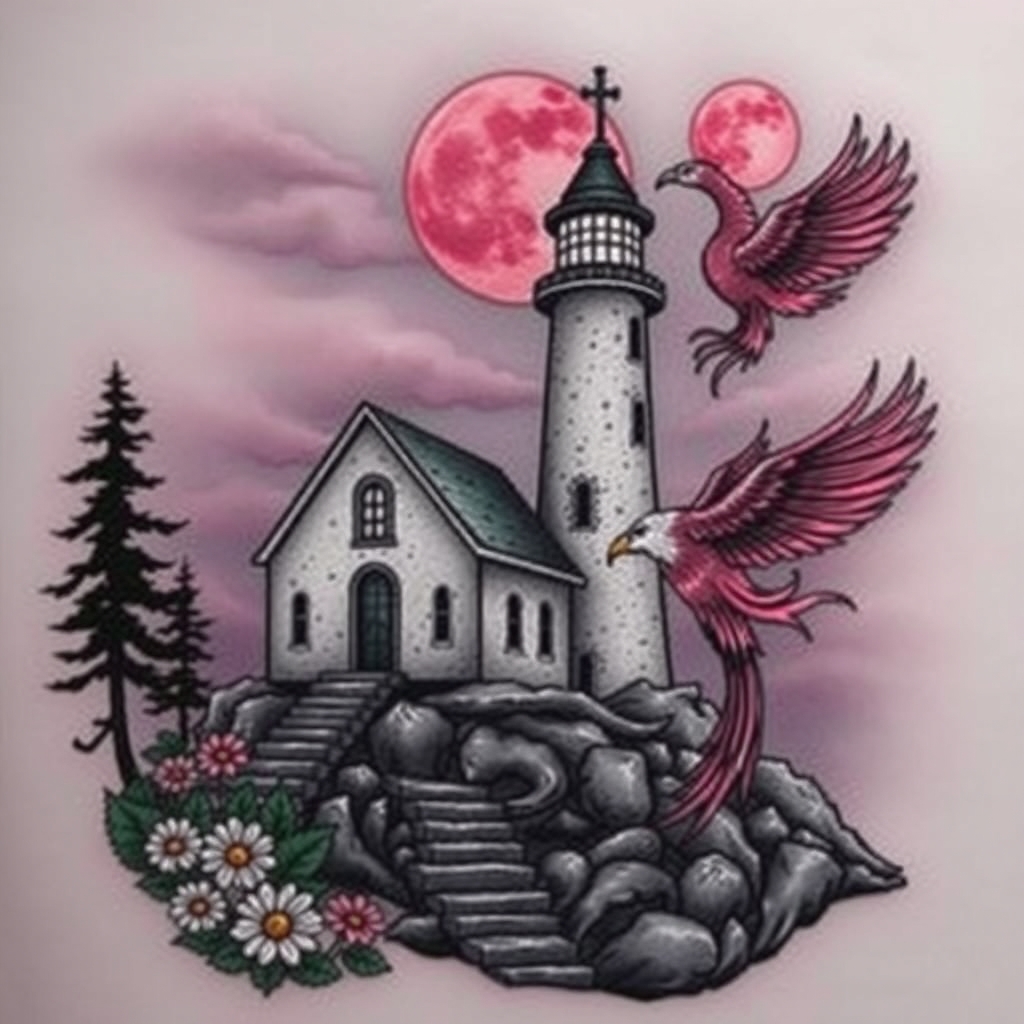 A tattoo design of Chapel beside a light house with a  pink moon an lupine an phoenix  in the style of surrealistic. - mythical creatures and landmarks tattoo design generated by AI tattoo generator