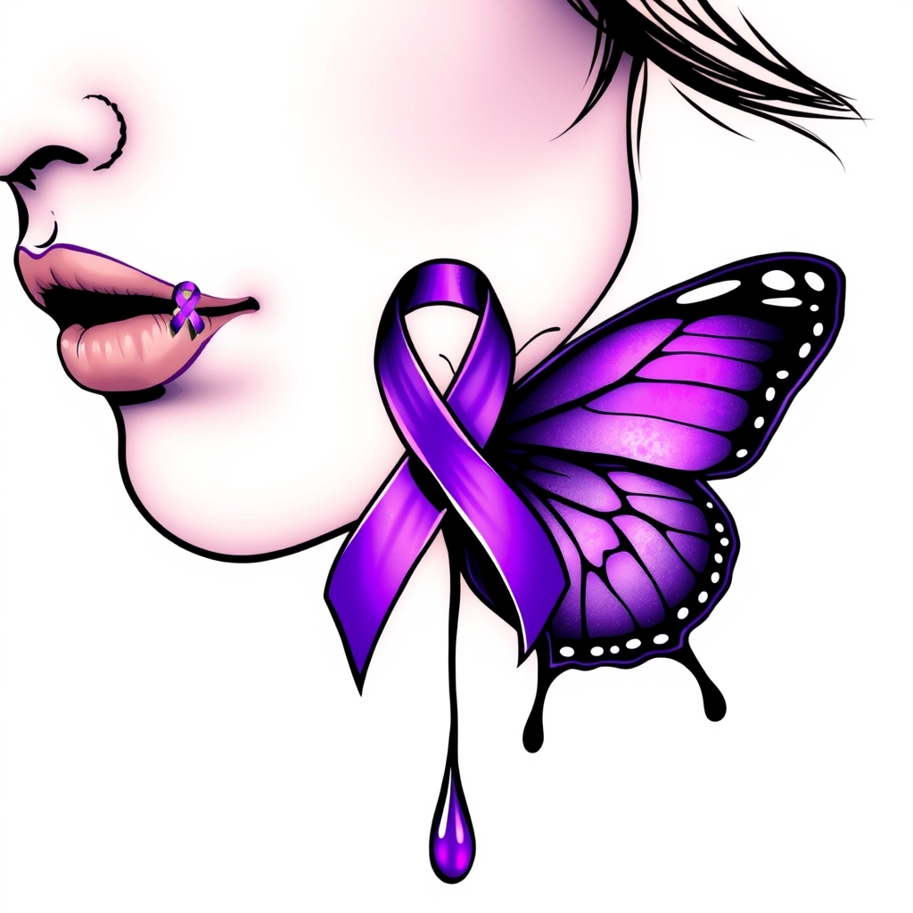 A tattoo design of A tear running down a woman's face with a domestic violence ribbon and a purple butterfly entwined together in the style of abstract. - domestic violence awareness tattoo design generated by AI tattoo generator