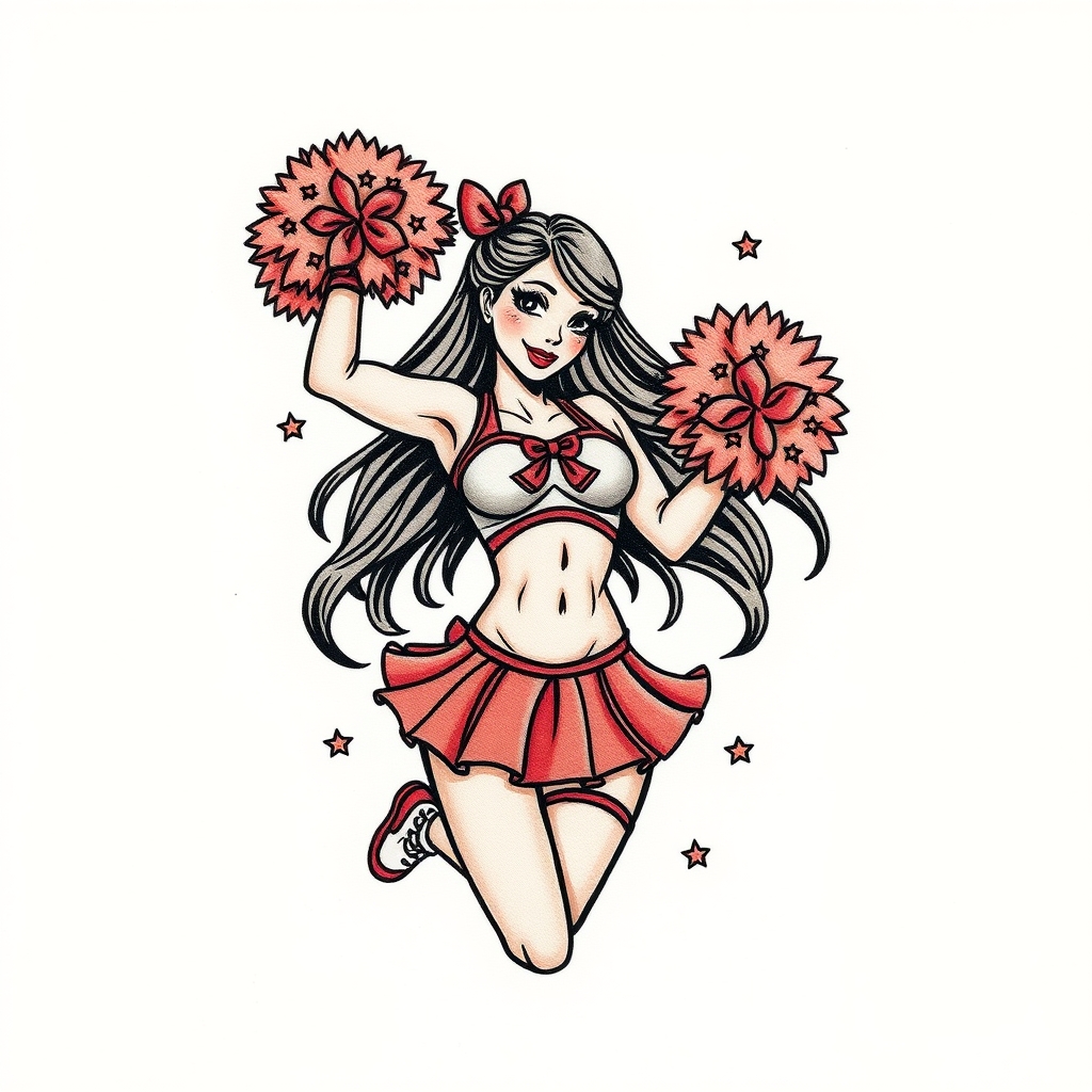 A tattoo design of Slutty cheerleader in the style of traditional. - cheerleader tattoo design generated by AI tattoo generator