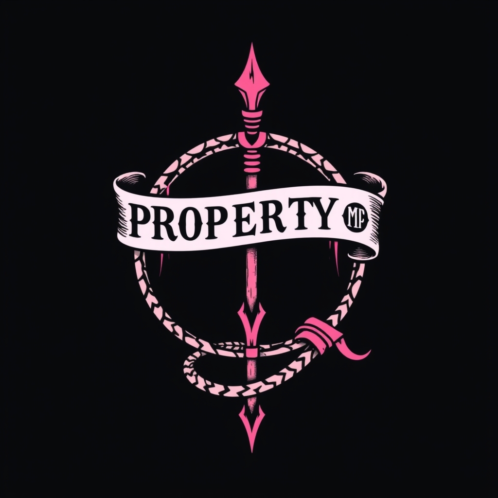 A tattoo design of Cuckold symbol. Black and pink are the colors. Name is bb. Spells "PROPERTY OF MQ". A whip is shown. in the style of traditional. - bds m tattoo design generated by AI tattoo generator