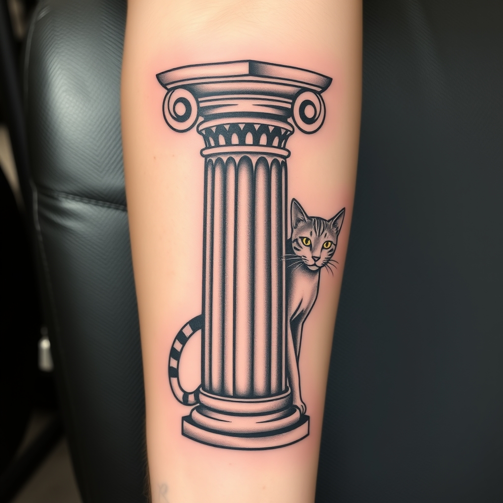 A tattoo design of Greek pillar with a sleek cat stretching next to it  in the style of realistic. - greek architecture tattoo design generated by AI tattoo generator