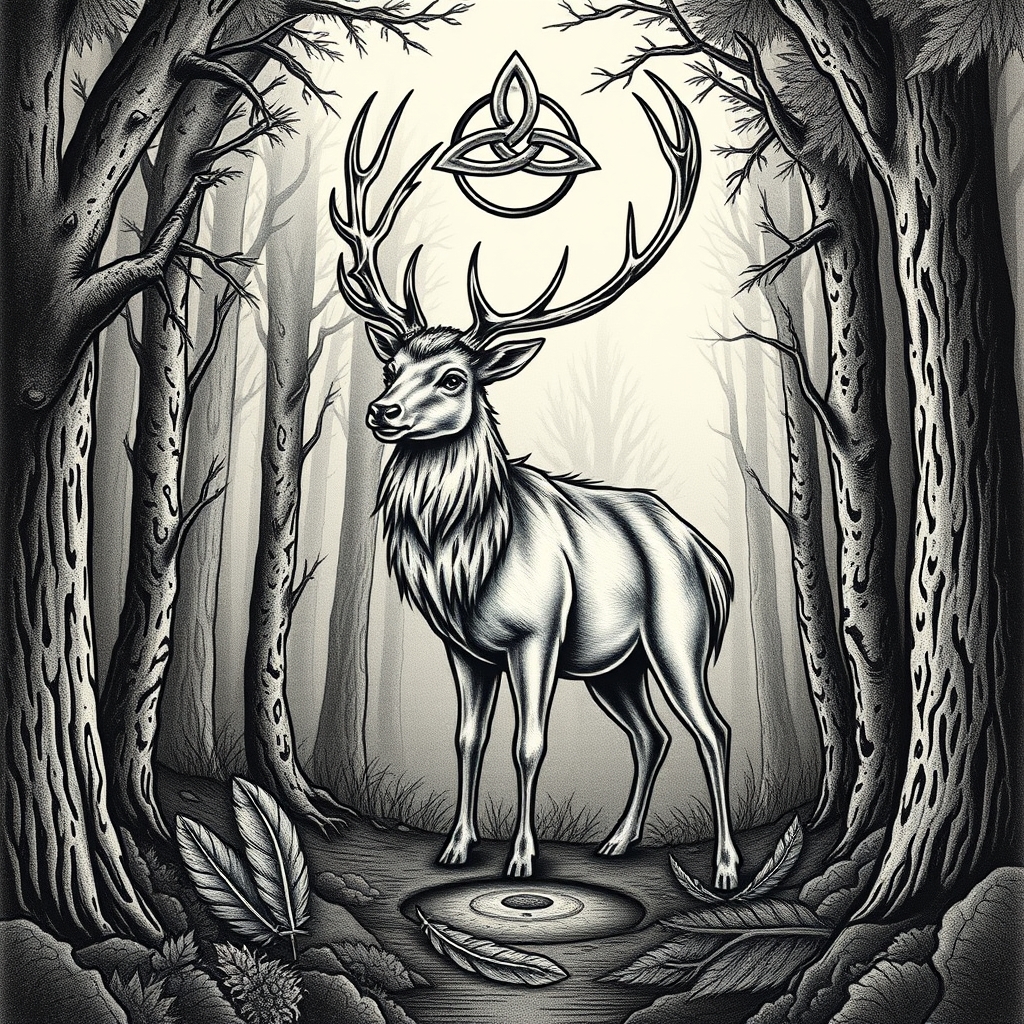 A tattoo design of A majestic Stag in a dense, lush forest with Celtic symbolism - Triskeles, tiple celtic knots. There is also some smaller details e.g. thorny branches, fallen feathers. looking to symbolise growth, and strength following periods of shame, regret and a mental health issues following a difficult time in my life in the style of surrealistic. - mythical wildlife tattoo design generated by AI tattoo generator