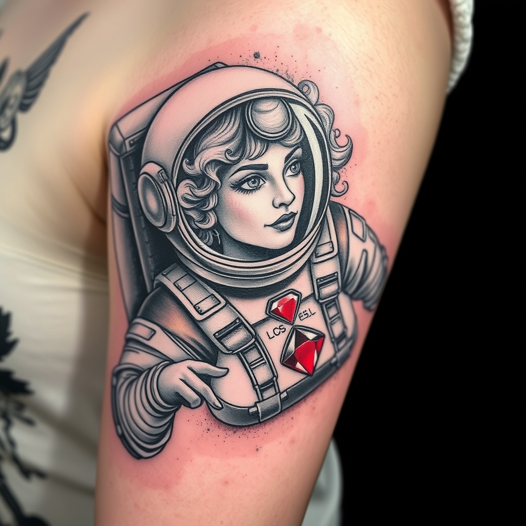 A tattoo design of Photorealistic black and grey space themed tattoo of light curly-haired female traveling through space. A bright red ruby, being the only color in yhe tattoo, shines red on her space suit. Include a Houston, Texas reference if possible.  in the style of realistic. - space travel tattoo design generated by AI tattoo generator