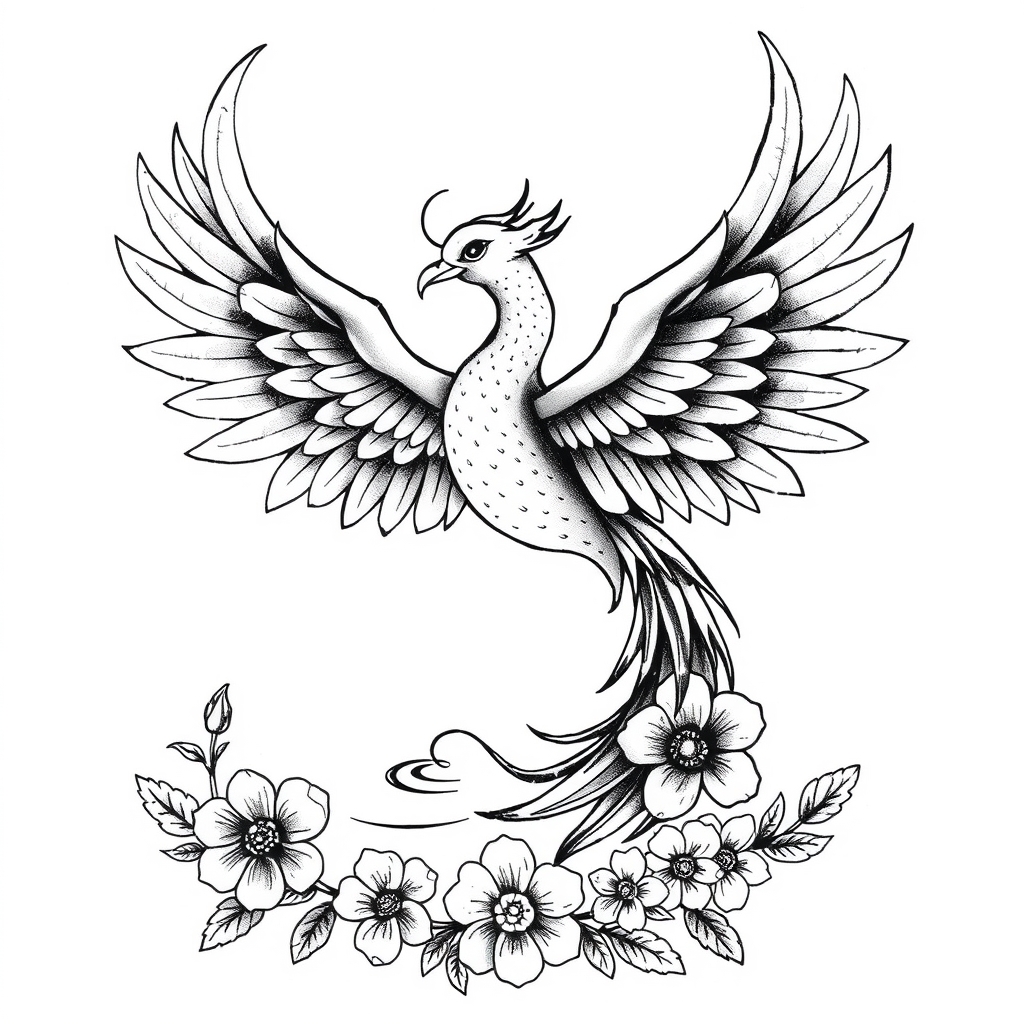 A tattoo design of Phoenix, water, and flower and leaf garland in the style of blackwork. - mythical creatures and nature tattoo design generated by AI tattoo generator
