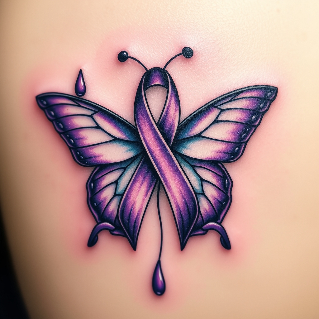 A tattoo design of  crying with the domestic awareness ribbon with a purple butterfly entwined together in the style of realistic. - awareness ribbon tattoo design generated by AI tattoo generator