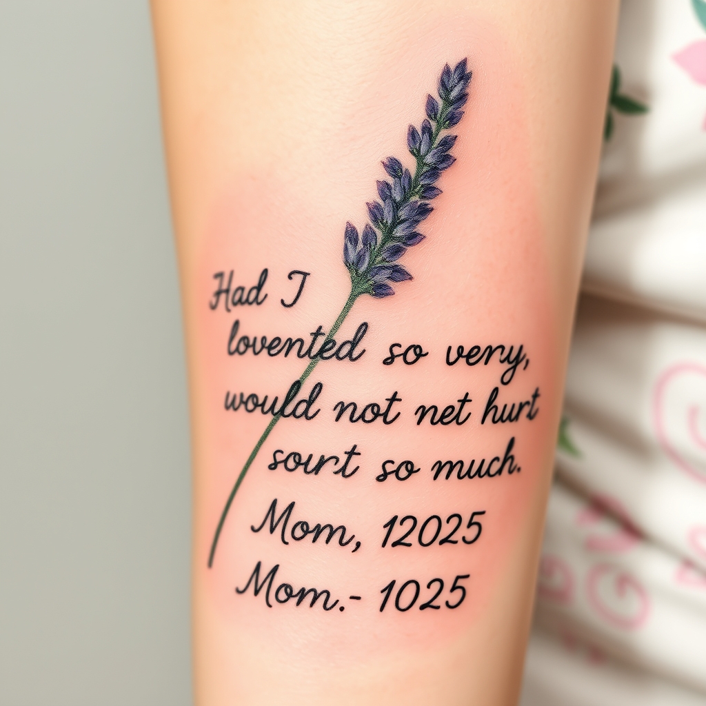 A tattoo design of Lavender sprig with the words Had I not loved so very much, I would not hurt so much. Mom 1964-2025  in the style of watercolor. - memorial tribute tattoo design generated by AI tattoo generator