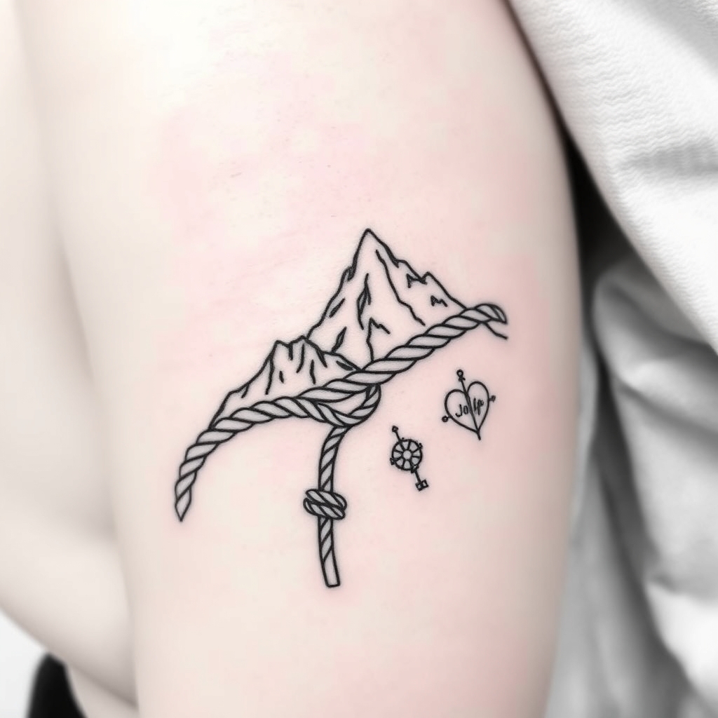 A tattoo design of What a meaningful and beautifully layered idea for a sibling tattoo! Let’s dream this up together. Here’s a concept that weaves in every aspect you mentioned:  🎒 Sibling Tattoo Concept: The Joffe Climb  Core Symbol:  A mountain range silhouette (to represent your shared love of rock climbing and the North Carolina Appalachian mountains — maybe outline Grandfather Mountain or the Blue Ridge).  Winding up the mountain is a rope that intertwines, splitting into separate strands at the top — symbolizing each sibling’s individual journey yet connected by shared roots.   Personal Details:  Along the rope, you could add tiny meaningful symbols:  A discreet spiral or infinity symbol for the OCD journey (many people with OCD use the spiral to symbolize their ongoing, cyclical thoughts — the rope’s twists can echo this too).  A small open door or key tucked into the design to represent therapy — growth, courage, and openness.  A heart or compass rose with “Joffe” subtly worked in to show the family bond.    Style:  Black linework with fine details — maybe in a delicate single-needle style.  If you want color, soft greens and blues could nod to North Carolina’s lush landscape.   Placement Ideas:  Forearm or upper arm — so each sibling can see their piece and it works well as a matching or puzzle-style tattoo.  Each sibling could have the same mountain base, but the rope could be slightly different for each — making them unique but unified.   Would you like me to create a visual sketch of this for you? Or we can refine the elements further — for example, I can make it more minimalistic, geometric, or realistic depending on your taste!  ✨ When you’re ready to make it real, I recommend working with a skilled tattoo artist to personalize it for your skin and style. And if you’d like to try this as a temporary tattoo first, you can always check out picturetattoos.com to test the design!  Would you like the visual mockup? in the style of realistic. - mountain climbing tattoo design generated by AI tattoo generator