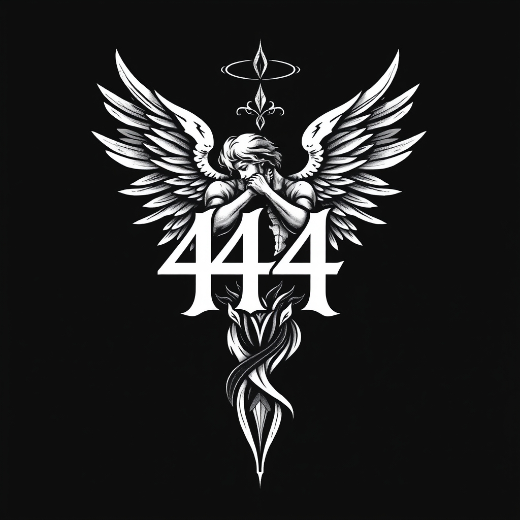 A tattoo design of Masculine angel with the number 444 in the style of abstract. - angel tattoo design generated by AI tattoo generator