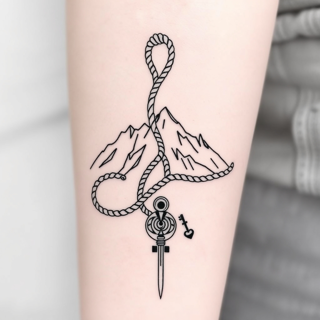 A tattoo design of What a meaningful and beautifully layered idea for a sibling tattoo! Let’s dream this up together. Here’s a concept that weaves in every aspect you mentioned:  🎒 Sibling Tattoo Concept: The Joffe Climb  Core Symbol:  A mountain range silhouette (to represent your shared love of rock climbing and the North Carolina Appalachian mountains — maybe outline Grandfather Mountain or the Blue Ridge).  Winding up the mountain is a rope that intertwines, splitting into separate strands at the top — symbolizing each sibling’s individual journey yet connected by shared roots.   Personal Details:  Along the rope, you could add tiny meaningful symbols:  A discreet spiral or infinity symbol for the OCD journey (many people with OCD use the spiral to symbolize their ongoing, cyclical thoughts — the rope’s twists can echo this too).  A small open door or key tucked into the design to represent therapy — growth, courage, and openness.  A heart or compass rose with “Joffe” subtly worked in to show the family bond.    Style:  Black linework with fine details — maybe in a delicate single-needle style.  If you want color, soft greens and blues could nod to North Carolina’s lush landscape.   Placement Ideas:  Forearm or upper arm — so each sibling can see their piece and it works well as a matching or puzzle-style tattoo.  Each sibling could have the same mountain base, but the rope could be slightly different for each — making them unique but unified. in the style of abstract. - mountain climbing tattoo design generated by AI tattoo generator