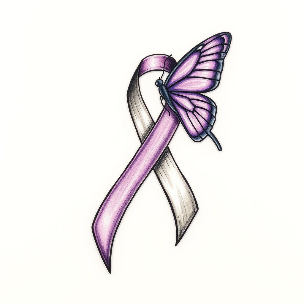 A tattoo design of Domestic violence ribbon awareness inclined together with a purple butterfly  in the style of traditional. - domestic violence awareness tattoo design generated by AI tattoo generator