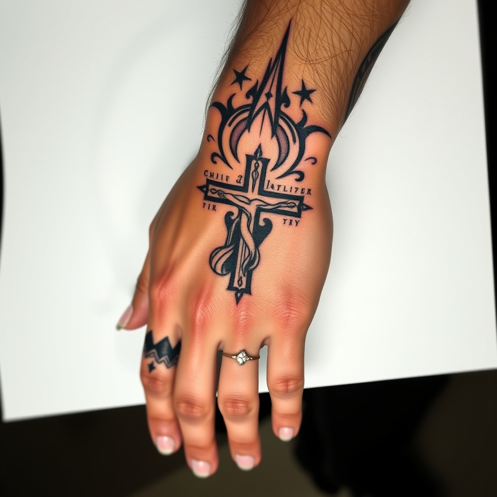 A tattoo design of christian themed hand tattoo for a male in the style of realistic. - religion tattoo design generated by AI tattoo generator