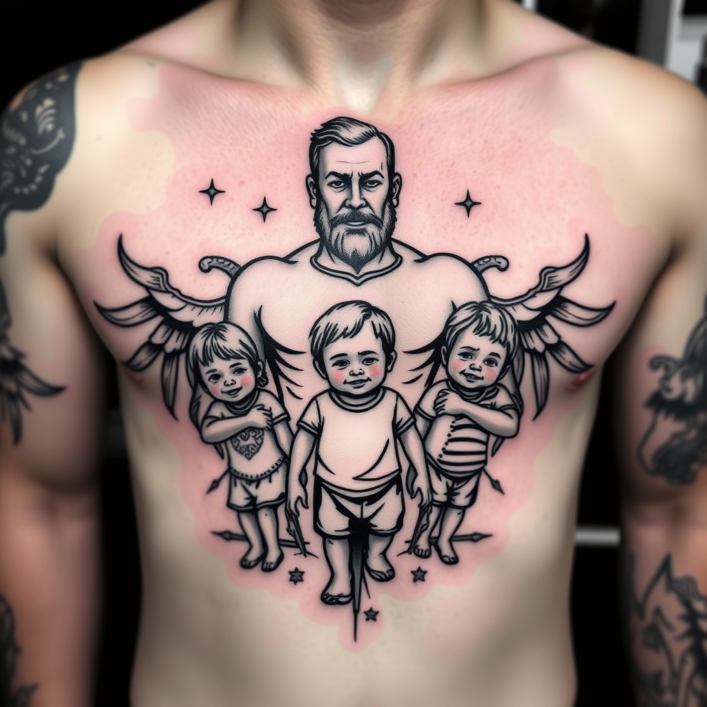 A tattoo design of A father protecting his 3 kids in the style of blackwork. - family protection tattoo design generated by AI tattoo generator