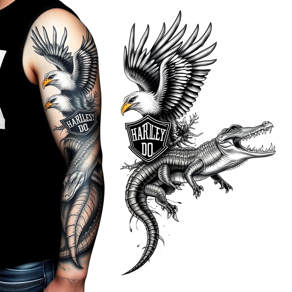A tattoo design of Right arm full sleeve with Harley Davidson theme with eagles mixed with Florida swamp theme with alligators in the style of realistic. - motorcycles wildlife tattoo design generated by AI tattoo generator