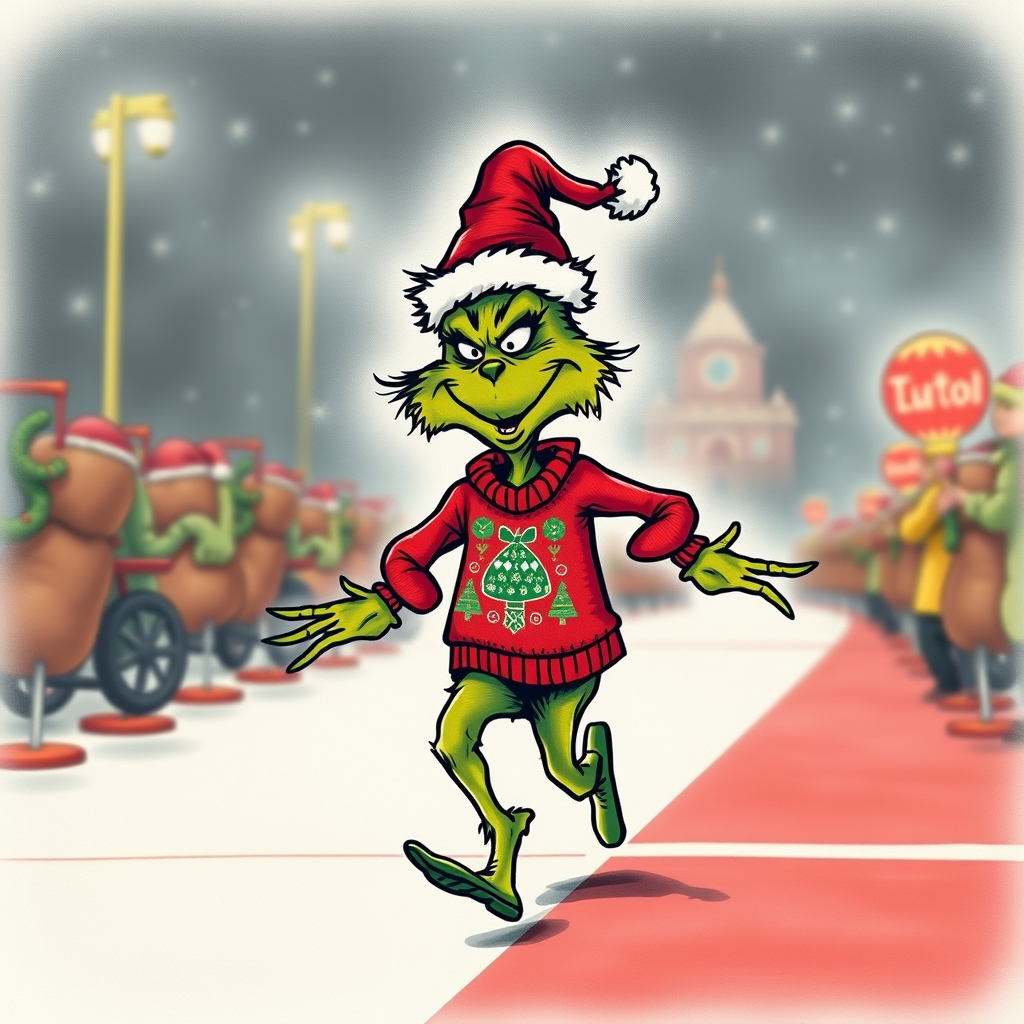 A tattoo design of jim carrey's the grinch character wearing the christmas jumper crossing the finish line of the potato sack race in the style of japanese. - pop culture character tattoo design generated by AI tattoo generator