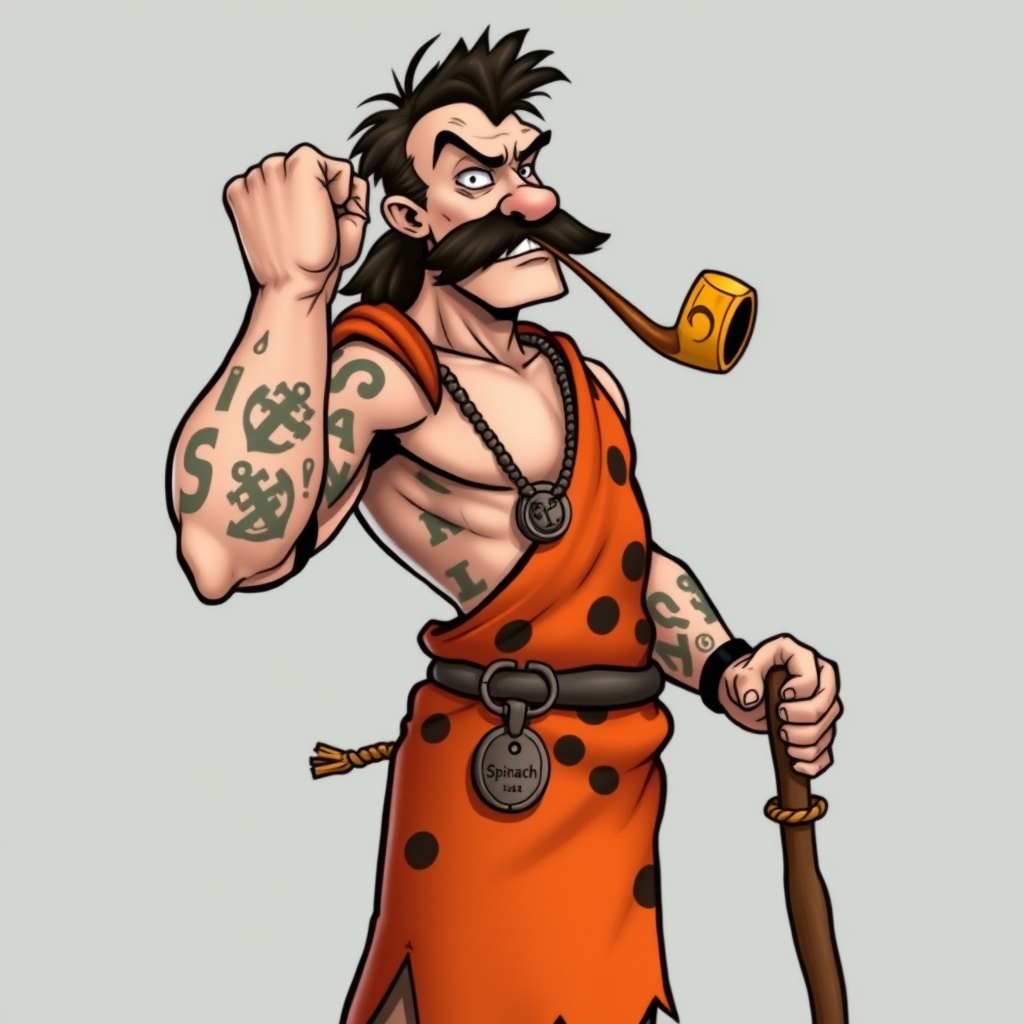 A tattoo design of 1. Pose & Composition Full-body or upper-body shot: Popeye’s classic braced-stance—one fist on hip, another flexing—dressed in Fred’s prehistoric attire. Slight three-quarters angle: Gives depth to his muscular arm and his iconic pipe. 2. Face & Expression Popeye’s face shape with squinty eye, corncob pipe clenched in teeth. Fred’s heavy five o’clock shadow making his jawline more rugged. Wild Stone Age hair—Fred’s messy black mane slightly tousled. 3. Attire & Details Orange and black-spotted tunic from Fred, torn to reveal Popeye’s anchor tattoos on the forearms. Stone pendant necklace like Fred wears, but shaped as a spinach can lid. Rope belt holding a small club that has “Spinach” carved onto it. in the style of realistic. - pop culture mashup tattoo design generated by AI tattoo generator