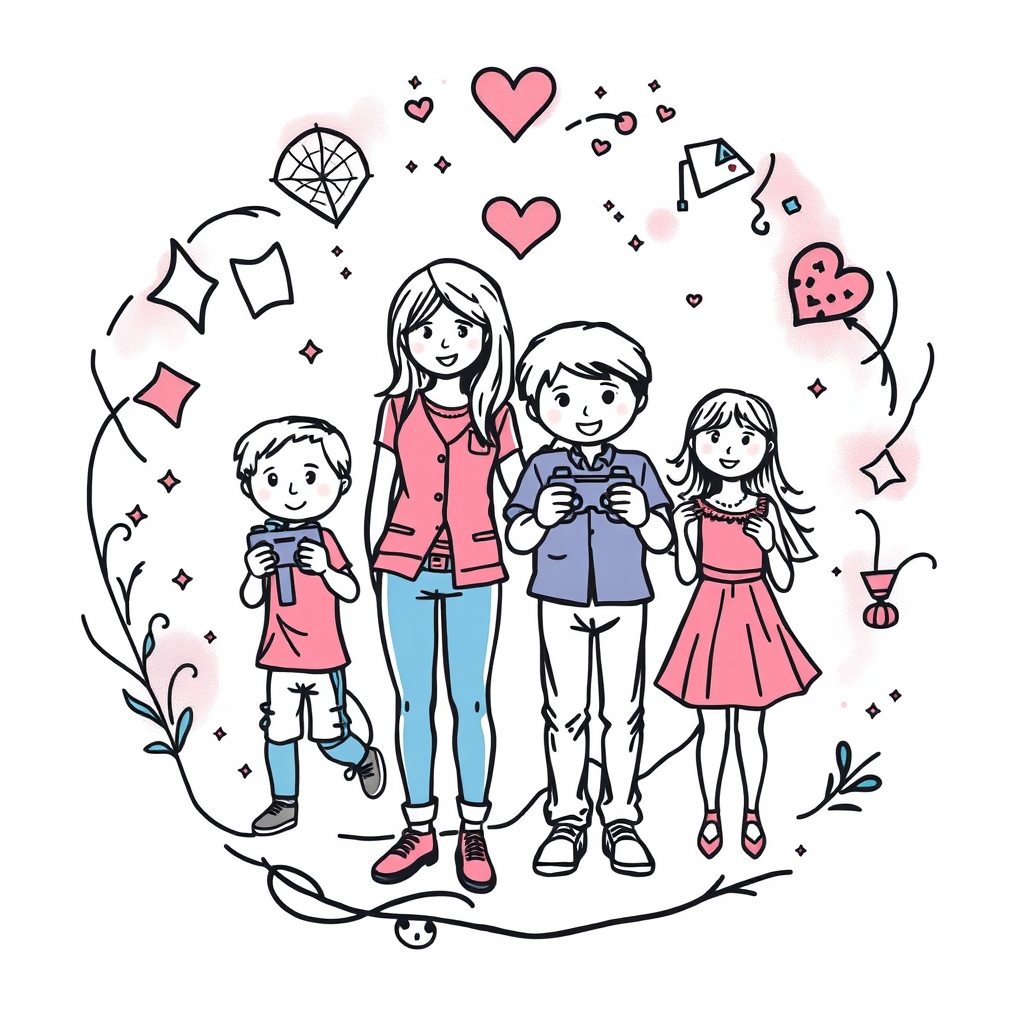 A tattoo design of Video games love family 1 wife 2 boys 1 girl  in the style of abstract. - family and relationships tattoo design generated by AI tattoo generator