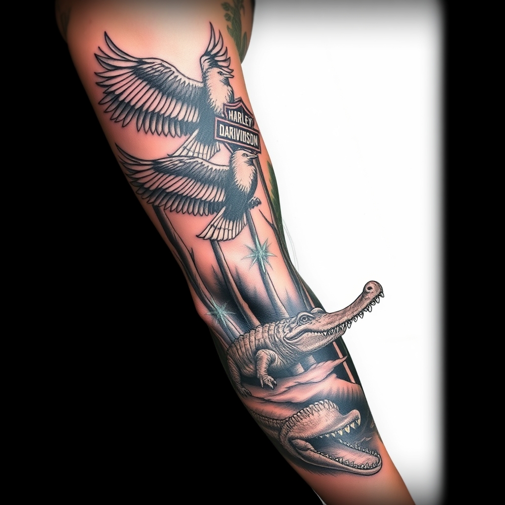 A tattoo design of Right arm full sleeve with the upper containing Harley Davidson theme with eagles mixed with the lower of Florida cypress swamp theme with alligator in the style of realistic. - motorcycle wildlife nature tattoo design generated by AI tattoo generator