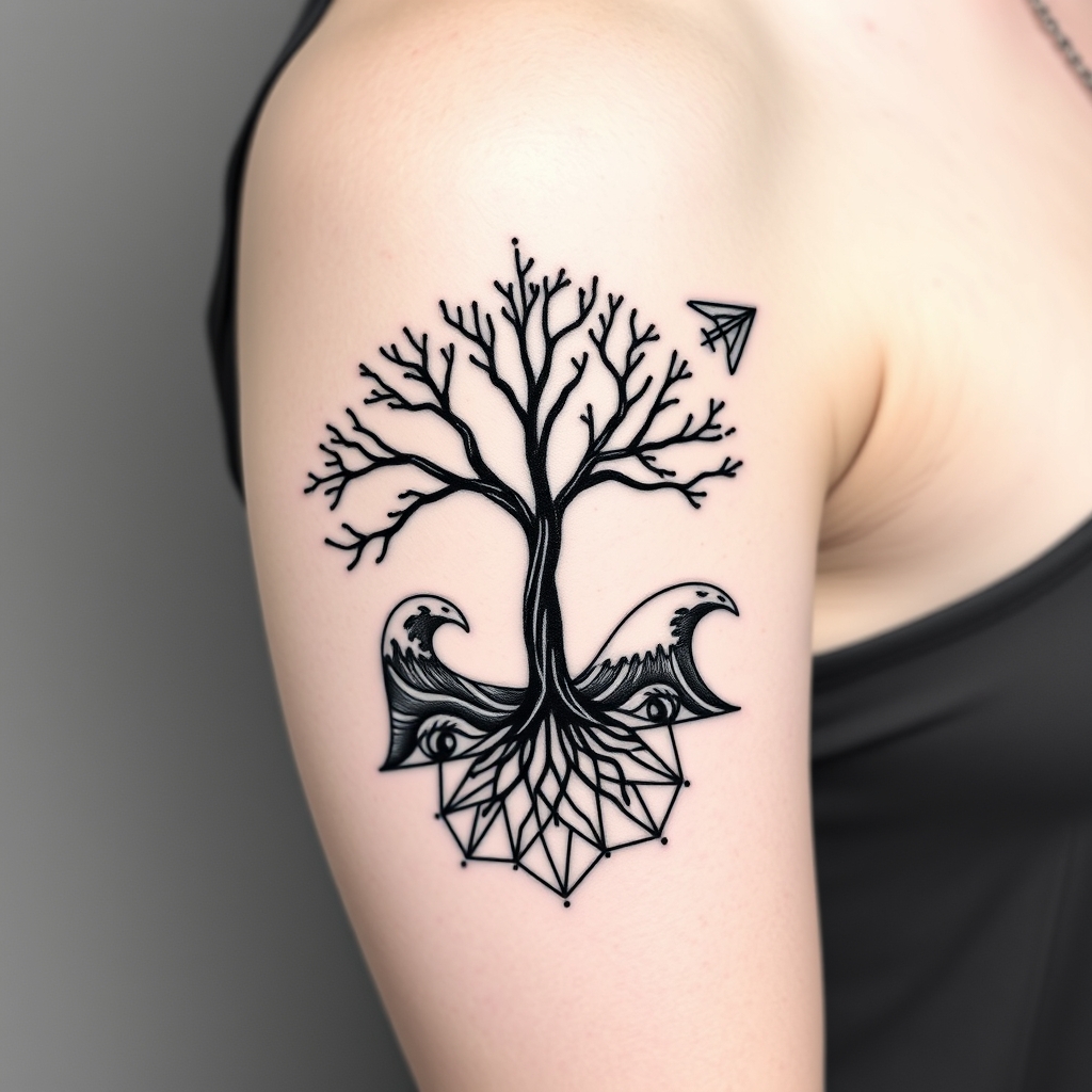 A tattoo design of Style: Geometric black‑work, dot‑shading Placement: Upper arm (biceps only) Design: At inner biceps, dense hexagon base with fine root‑like lines merging downward. From this base, a stylized geometric tree trunk rises, branching outward across the biceps curve. Between branches, weave bold yet flowing black wave motifs with subtle dot‑shade texture to symbolize water/movement. On the outer biceps, integrate a minimalist geometric airplane wing (or compass arrow) emerging from the central branch. Use negative space to keep the design airy and dynamic. Keep line weights heavier at roots/trunk, finer toward branches and waves. in the style of geometric. - nature symbols tattoo design generated by AI tattoo generator