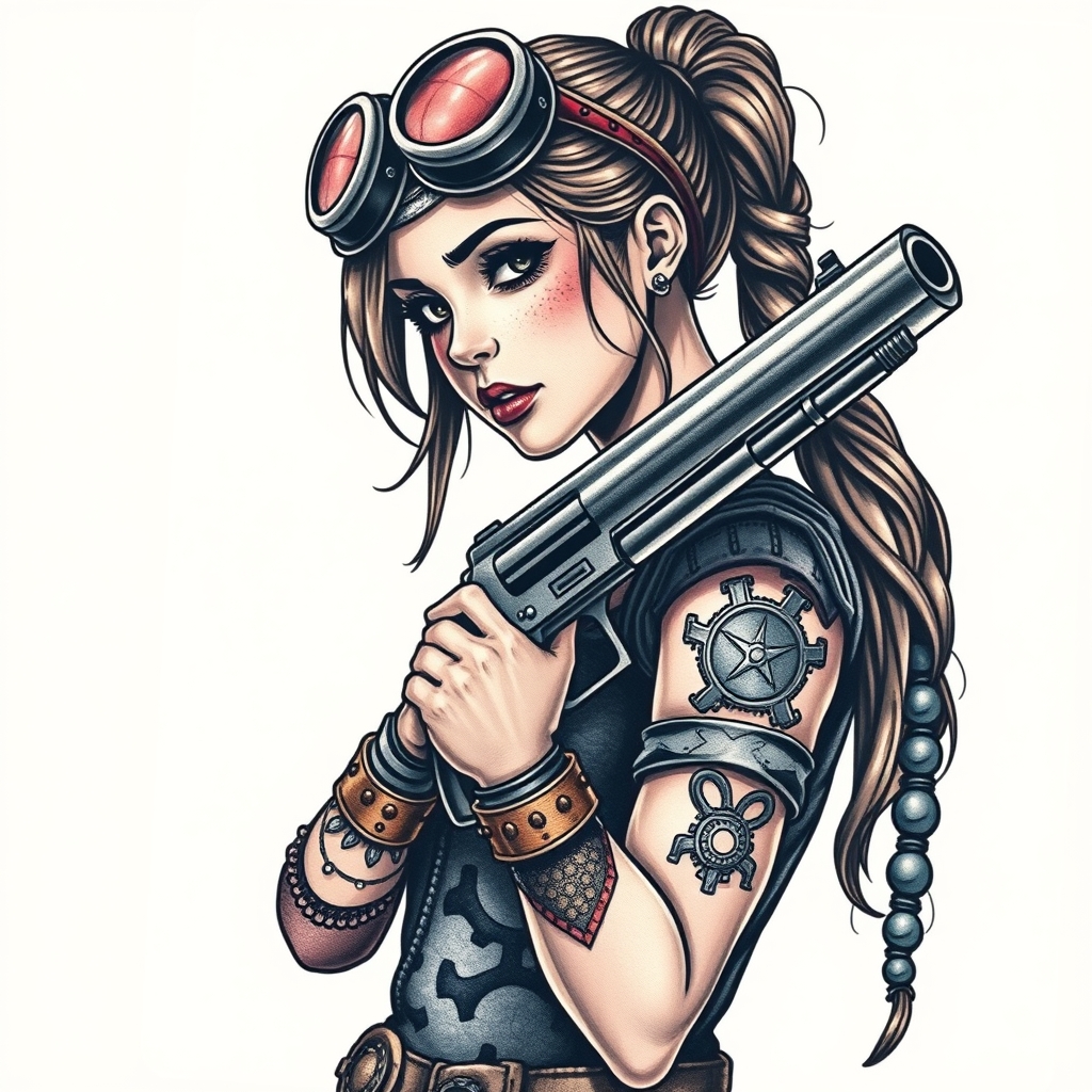 A tattoo design of Steampunk girl holding a gun in the style of realistic. - steampunk tattoo design generated by AI tattoo generator