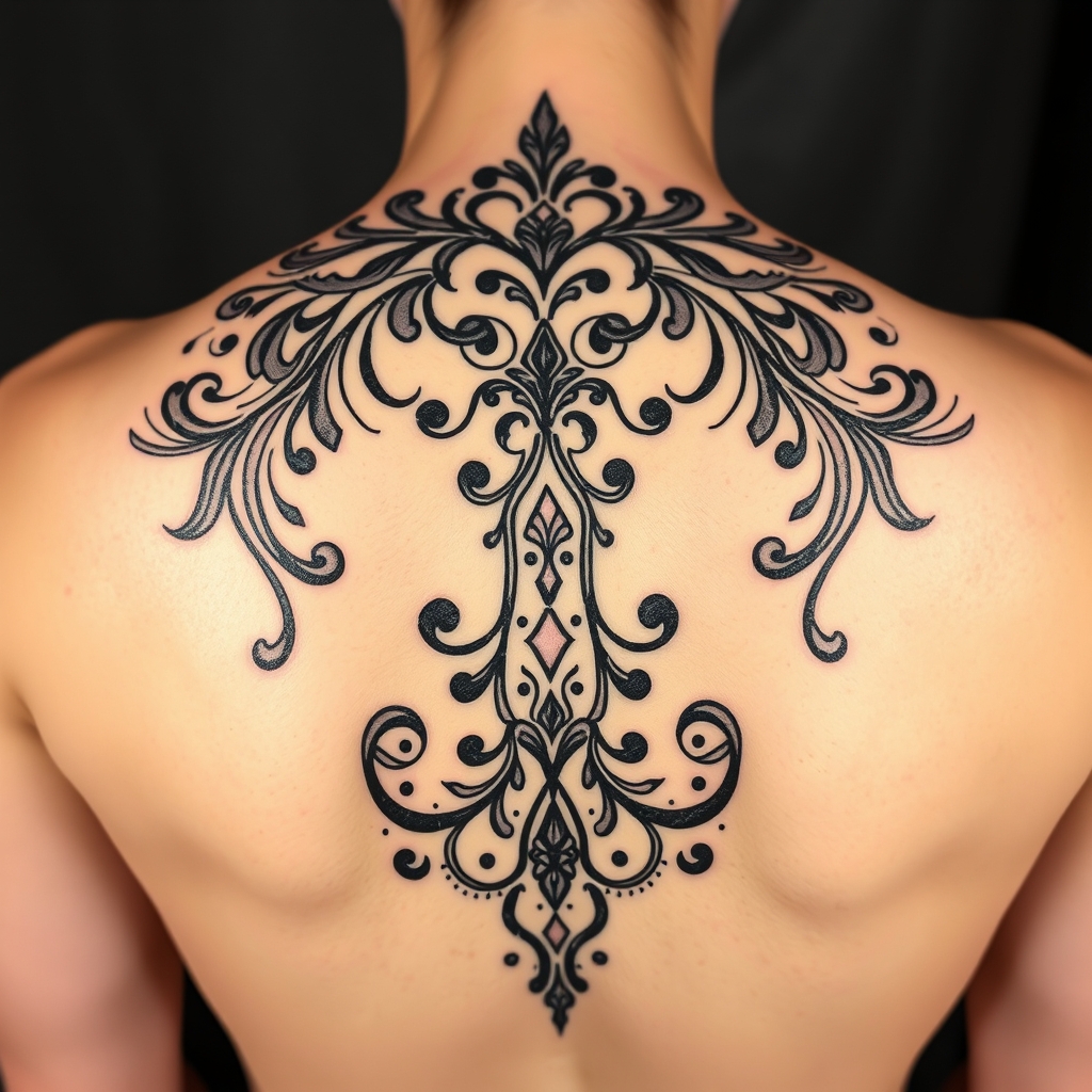 A tattoo design of Decorative back tattoo, going from the outer tips of the shoulders down the middle of the spine. Style should be like ornamental borders from art nouveau paintings in the style of abstract. - art nouveau tattoo design generated by AI tattoo generator