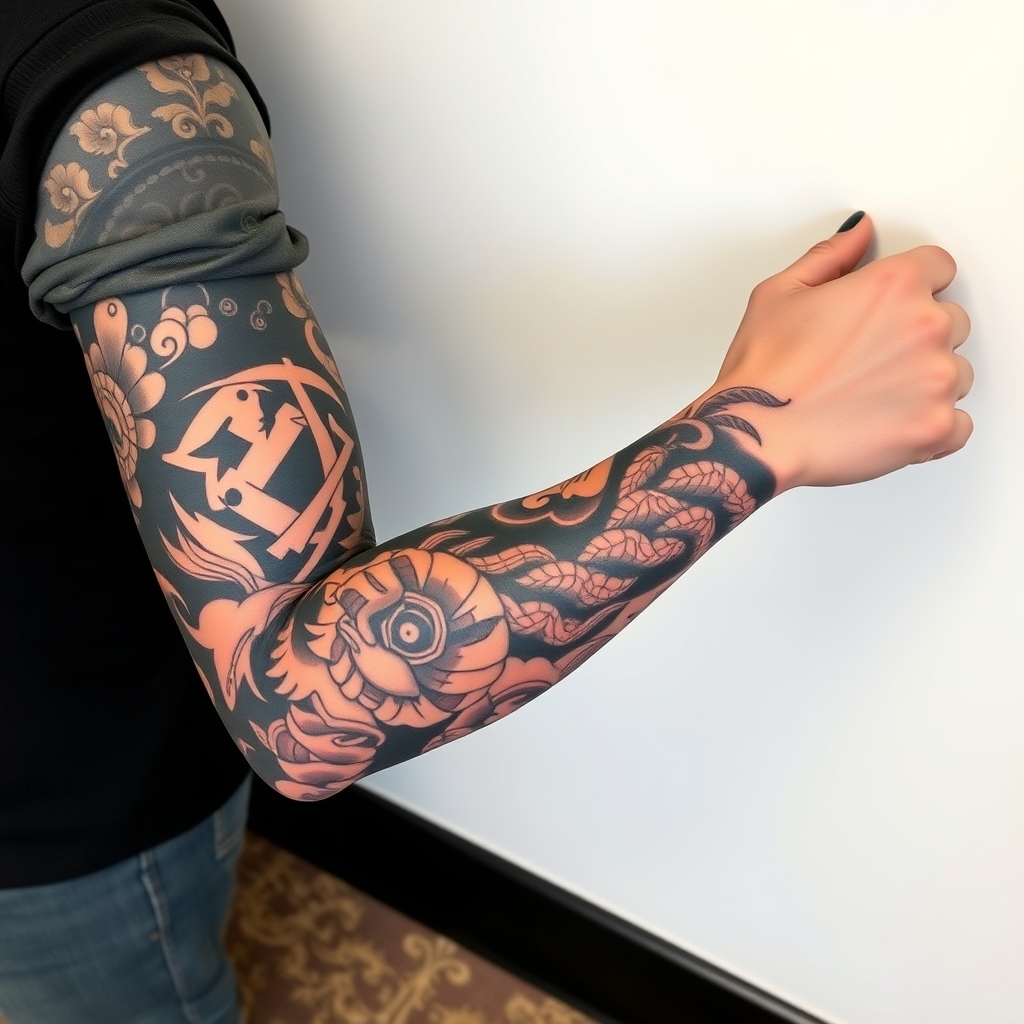 A tattoo design of all arm tattooed in the style of japanese. - full body art tattoo design generated by AI tattoo generator