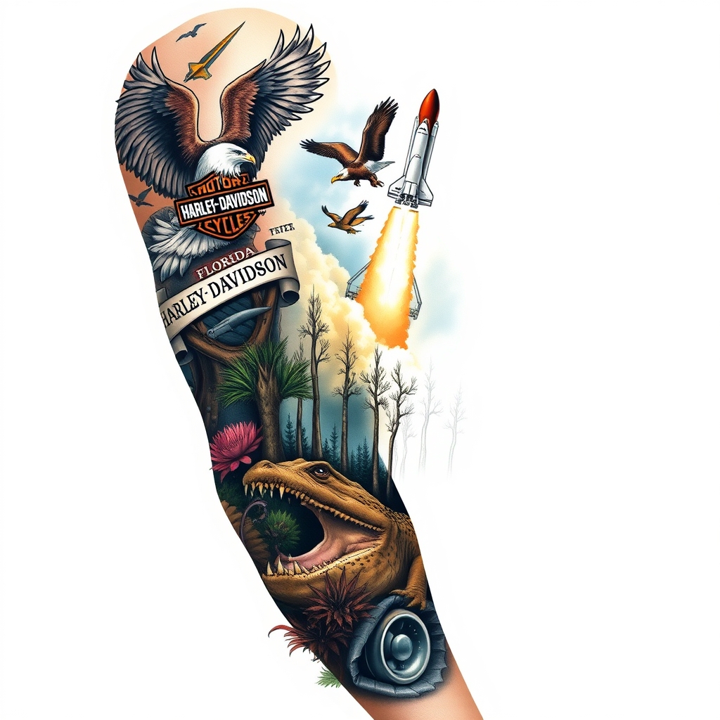 A tattoo design of Right arm full sleeve with the upper containing Harley Davidson theme with eagles mixed with the lower of Florida cypress swamp theme with alligator and space shuttle launch in the background in the style of realistic. - motorcycle culture tattoo design generated by AI tattoo generator