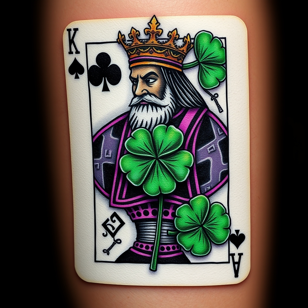 A tattoo design of I would like a 3 dimensional photo realistic playing card, an African American king of 4 leaf clovers, with black, green, and purple ink, maybe some white ink for highlighting. NO red ink. in the style of abstract. - playing card tattoo design generated by AI tattoo generator