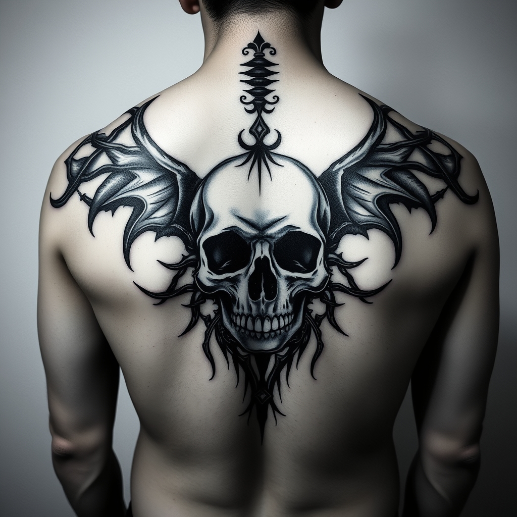 A tattoo design of Dark, ptsd, anxiety, menโs mental health, large between shoulder blades and small down spine, skull in the style of blackwork. - mental health tattoo design generated by AI tattoo generator