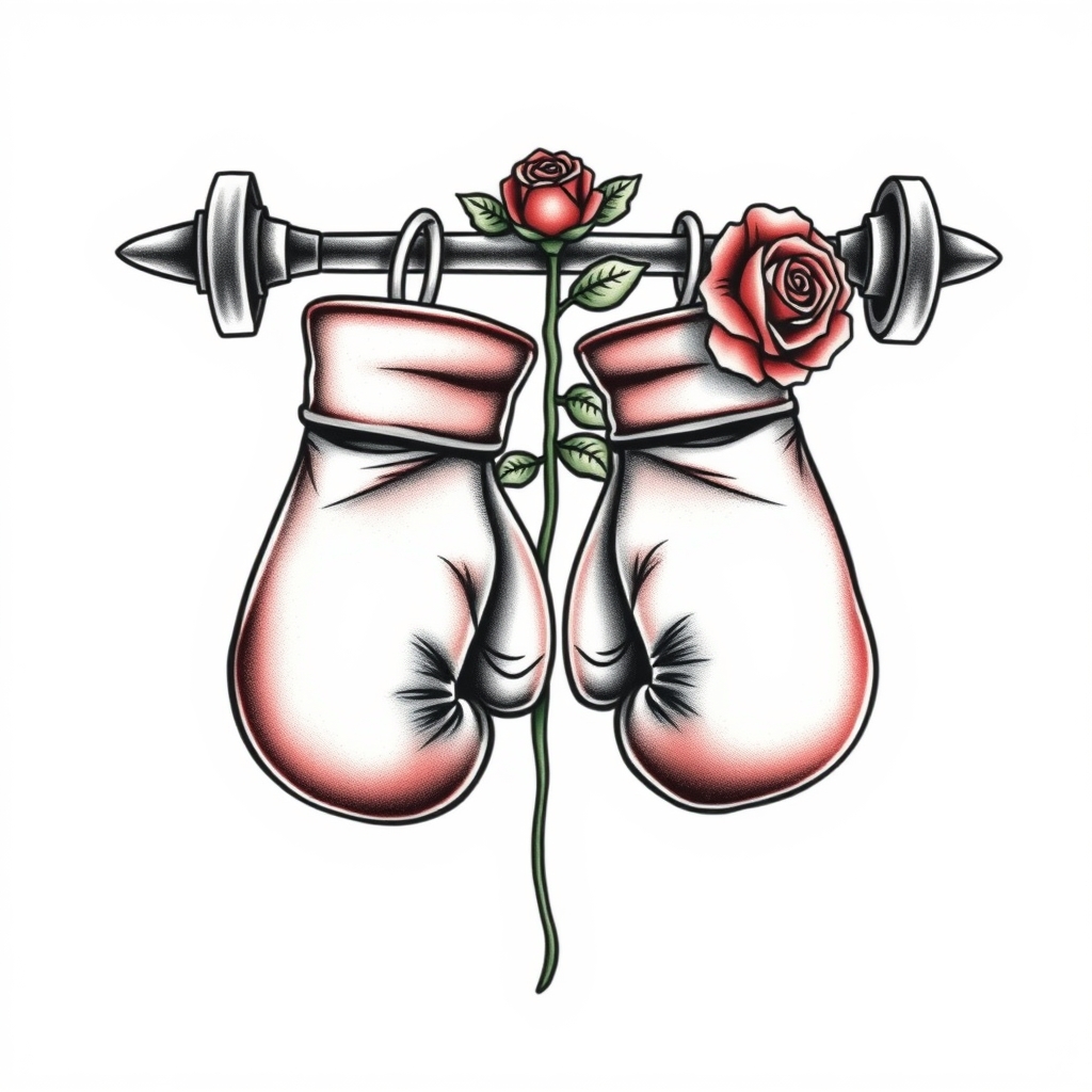 A tattoo design of Pair of boxing gloves hanging on a barbell with a single rose in the style of realistic. - fitness sport tattoo design generated by AI tattoo generator