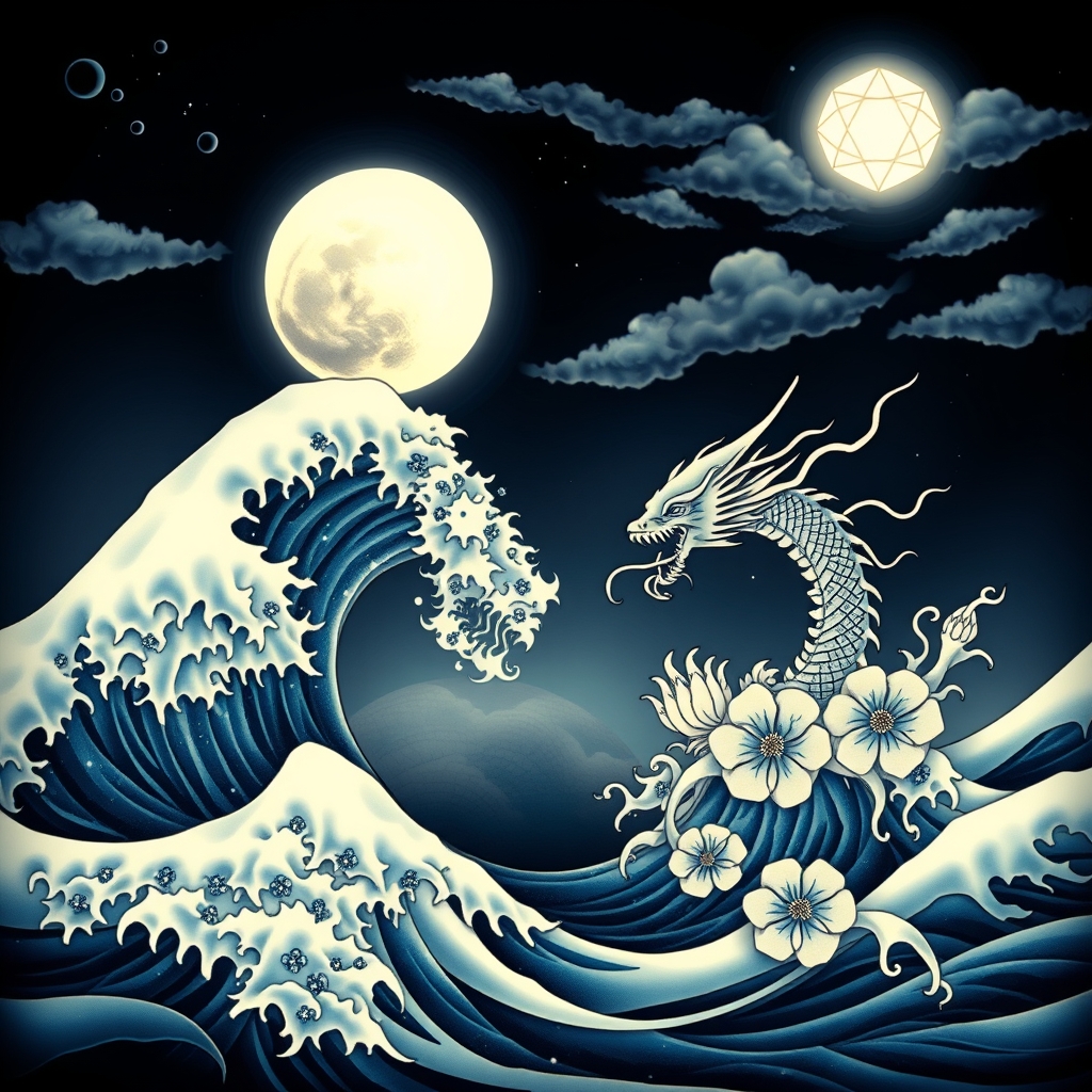 A tattoo design of Elegant Japanese style ocean waves, meets mc escher in a night scene with the white glowing, with geometric glowing hexagram shaped planets in the sky moon , halfway full, the pale light splashing on the clouds that swirl mimicking the waves and the waves mimic the steady wind, the creating waves turm into dragons and the dragons into flowers in the style of surrealistic. - ocean waves nature scene tattoo design generated by AI tattoo generator