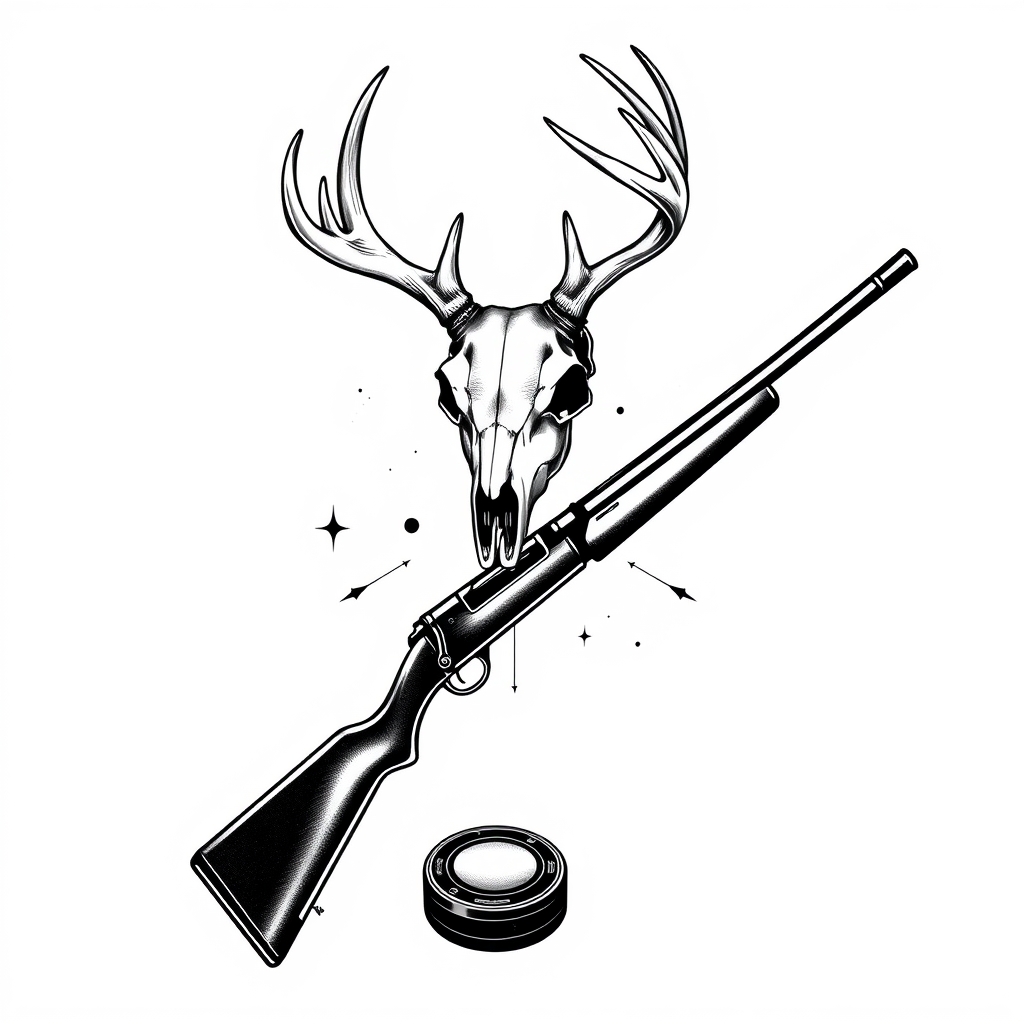 A tattoo design of a deer skull on top of the x of a lever action rifle and a hockey stick all blackout with with a white background with a hockey puck on the bottom of the x in the style of realistic. - sports hunting symbol tattoo design generated by AI tattoo generator