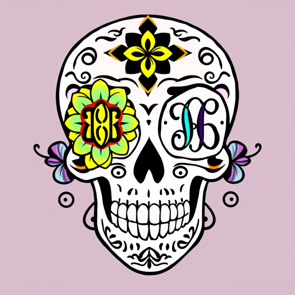 A tattoo design of “Four Lights Within” Sugar Skull Overall Layout A front-facing sugar skull with symmetrical floral and swirl motifs. Bold black outlines define structure; white shading adds depth and classic Día de los Muertos flair. Eyes & Monogram Integration Left Eye: A marigold-styled flower socket in glow-yellow outlines. Inside: Nathanial’s geometric monogram, filled with vibrant orange, interwoven with Brayden’s turquoise monogram. Right Eye: Matching flower socket. Inside: Everleigh’s lilac monogram interlaced with Jakob’s magenta monogram, each highlighted softly to shift from the black outline. Crown Emblem At the top of the skull, a diamond-shaped, four-petal “crown.” Each petal matches one child’s color and contains a simplified version of their monogram. Petals connected by a slender gold outline that forms the emblem’s shape. Cheek & Jaw Accents Soft pastel scrollwork in turquoise, lilac, orange, and magenta echo the eye colors. Dot-work shading blends the scrolls into the skull’s jawline. Highlighting & Finishing Touches Tiny white ink dots sprinkled across petals and scrolls to create a luminous, living shine. Subtle watercolor-style background wash behind the skull in all four colors, adding softness and pull. in the style of watercolor. - sugar skull tattoo design generated by AI tattoo generator