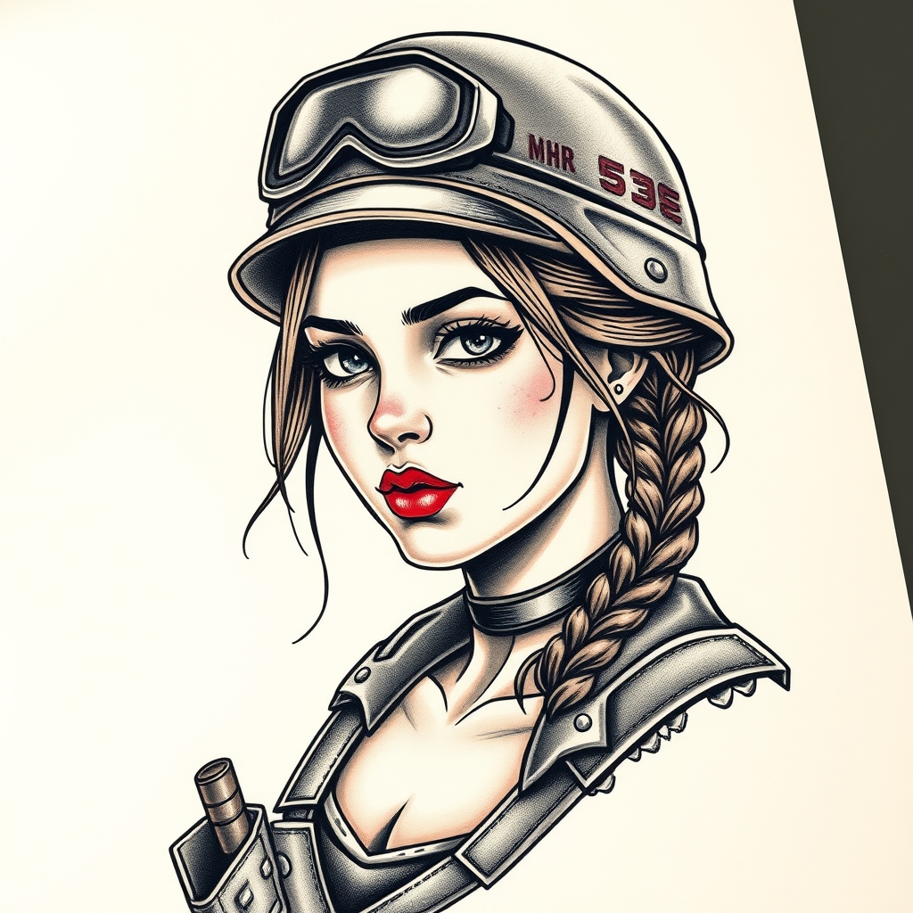 A tattoo design of Soldier girl in the style of realistic. - military female tattoo design generated by AI tattoo generator